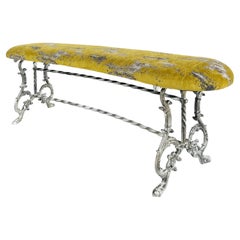 Antique Silver Gilt Cast Iron Curved Bench with Newly Upholstered Seat Cushion