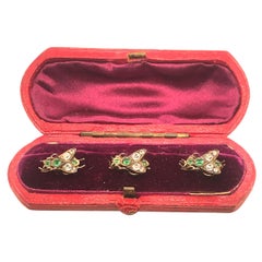Antique Silver Gilt & Paste Bee Stud Set in Original Box