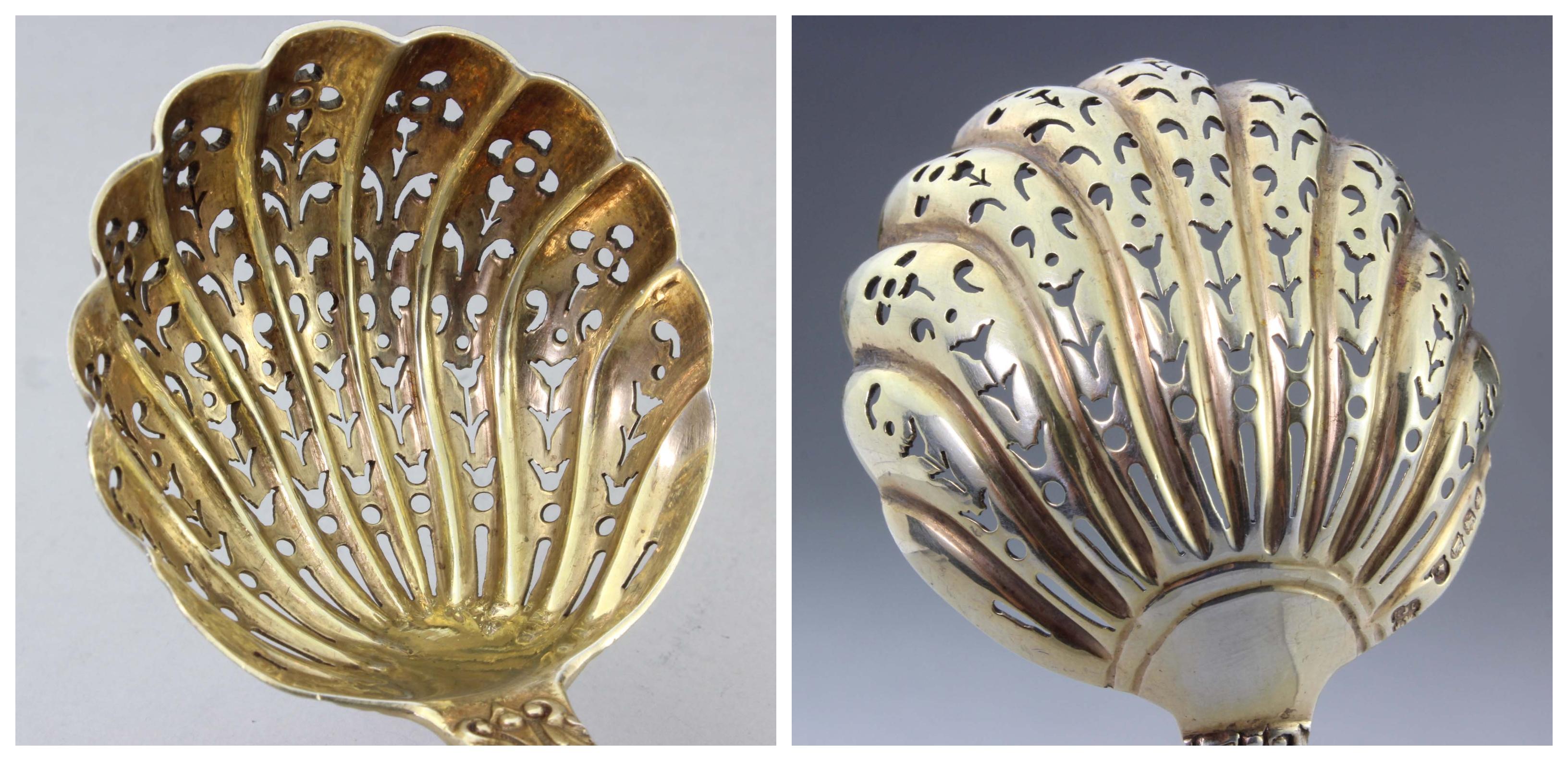 Antiker vergoldeter Silber-Zuckersieblöffel mit figürlicher Dekoration (Europäisch) im Angebot