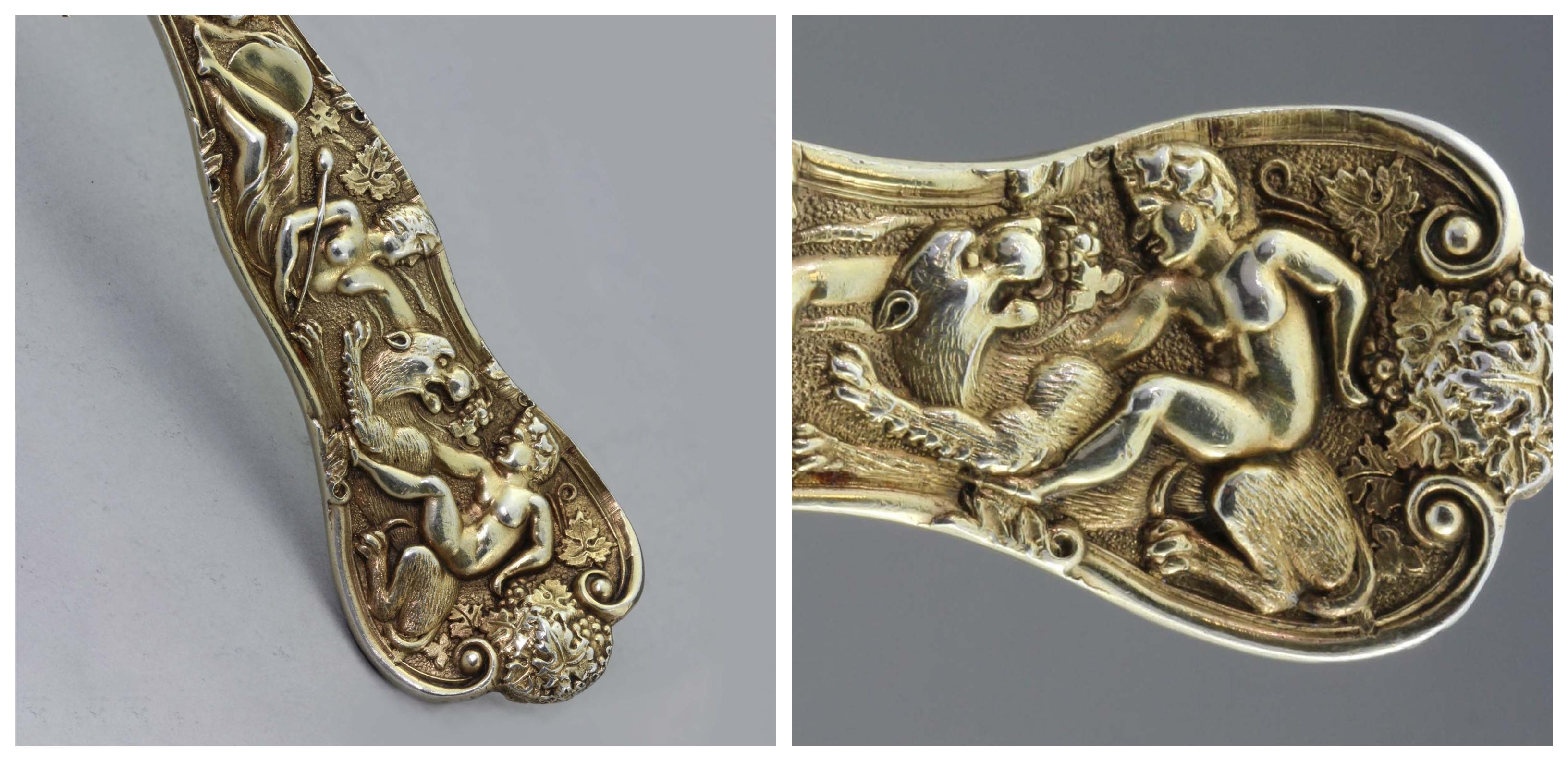 Antiker vergoldeter Silber-Zuckersieblöffel mit figürlicher Dekoration im Zustand „Gut“ im Angebot in Braintree, GB