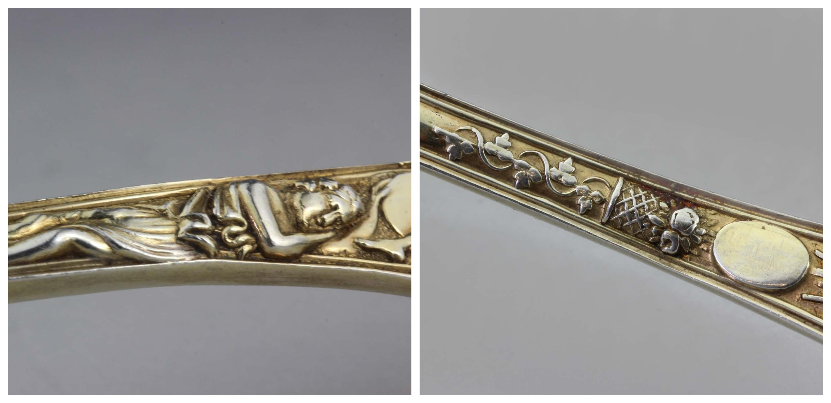 Antiker vergoldeter Silber-Zuckersieblöffel mit figürlicher Dekoration (Spätes 19. Jahrhundert) im Angebot