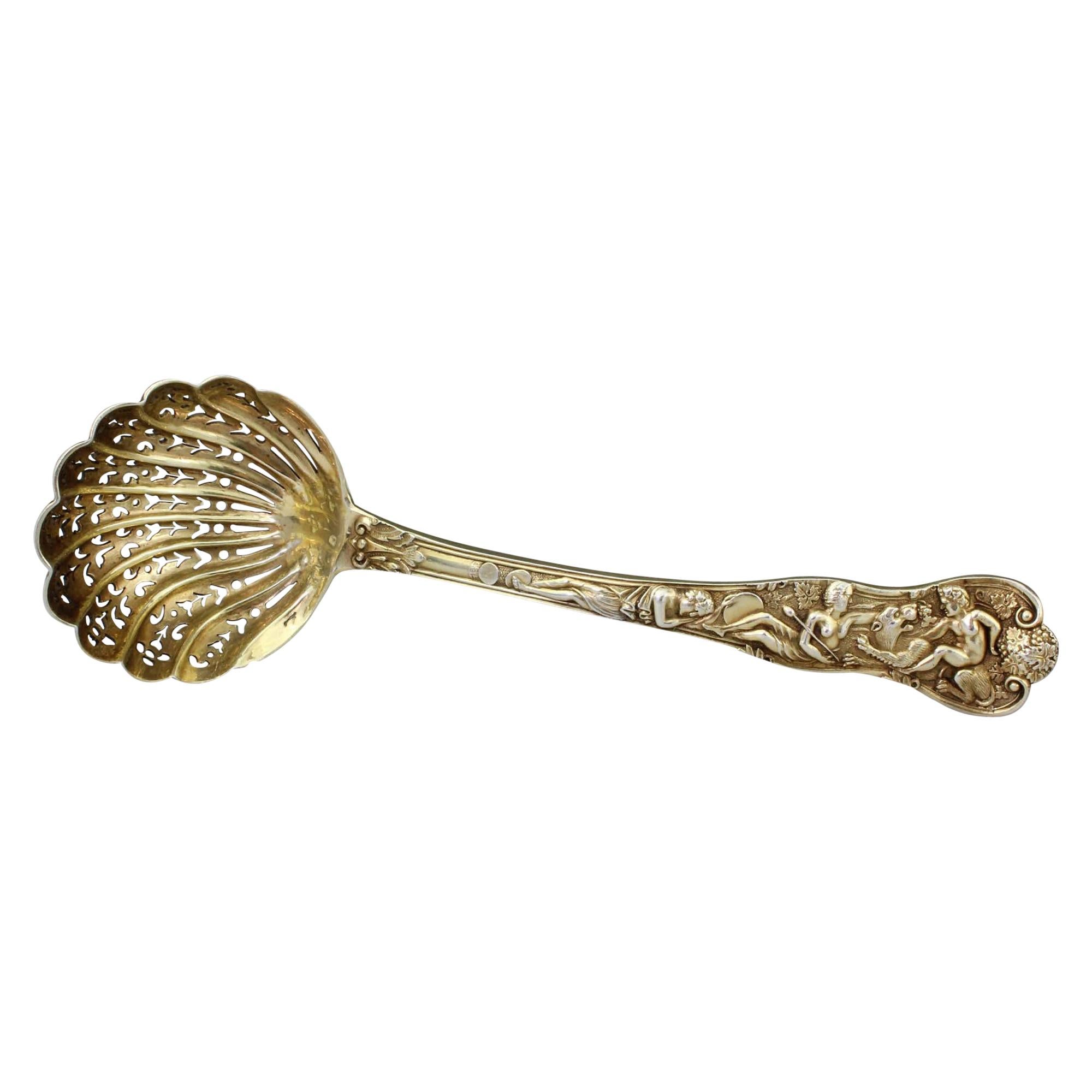 Antique Silver Gilt Sugar Sifting Spoon with Figural Decoration