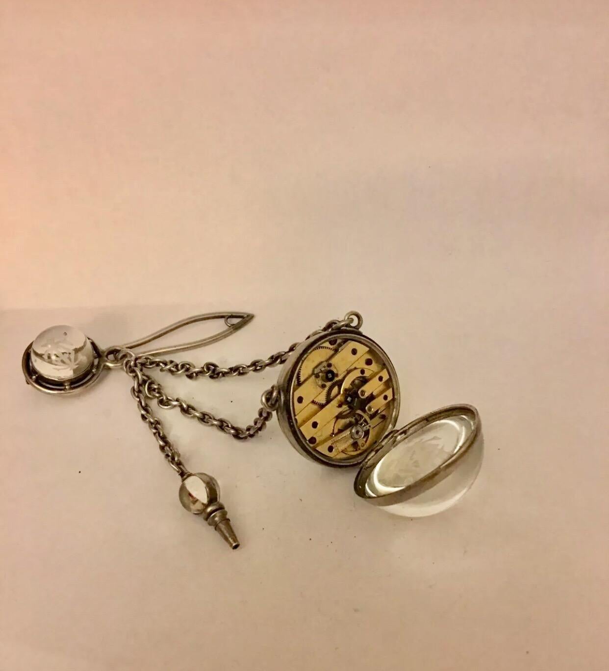 Antique Silver Glass Ball Pocket Watch with Matching Silver Glass Chatelaine For Sale 5