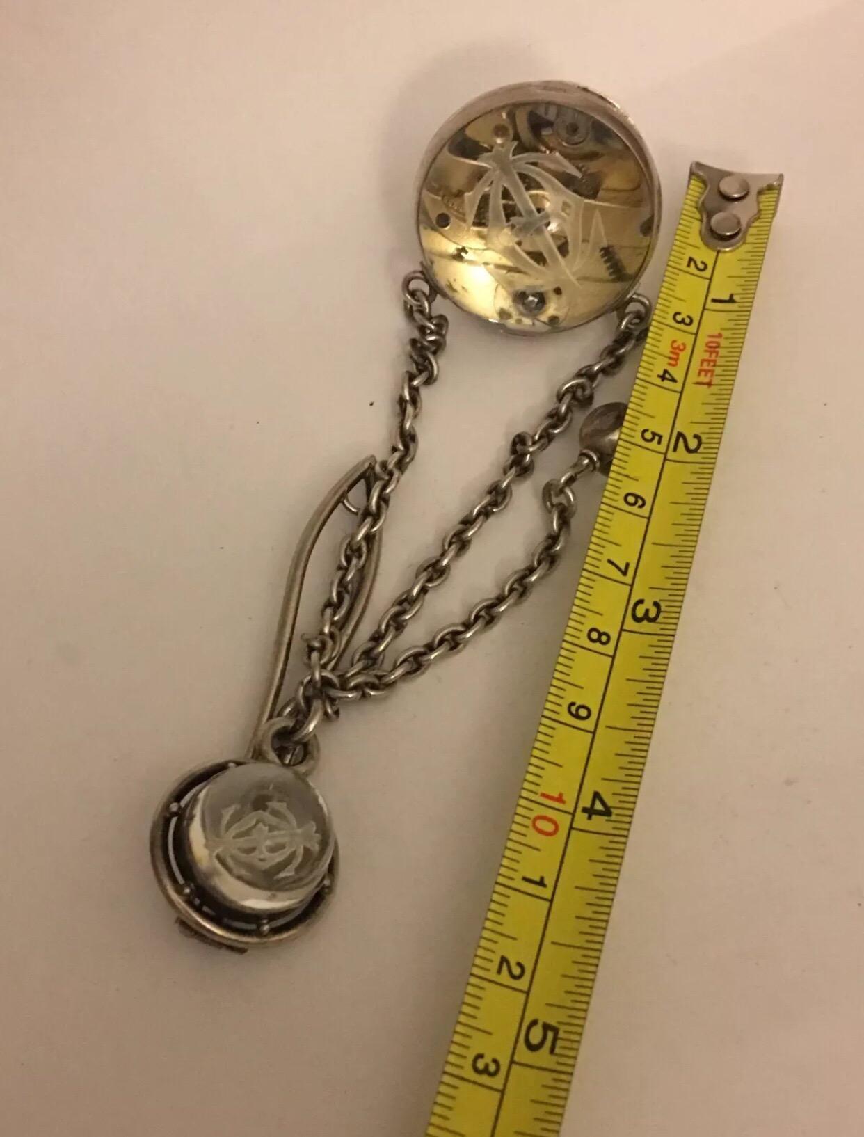Antique Silver Glass Ball Pocket Watch with Matching Silver Glass Chatelaine In Good Condition For Sale In Carlisle, GB