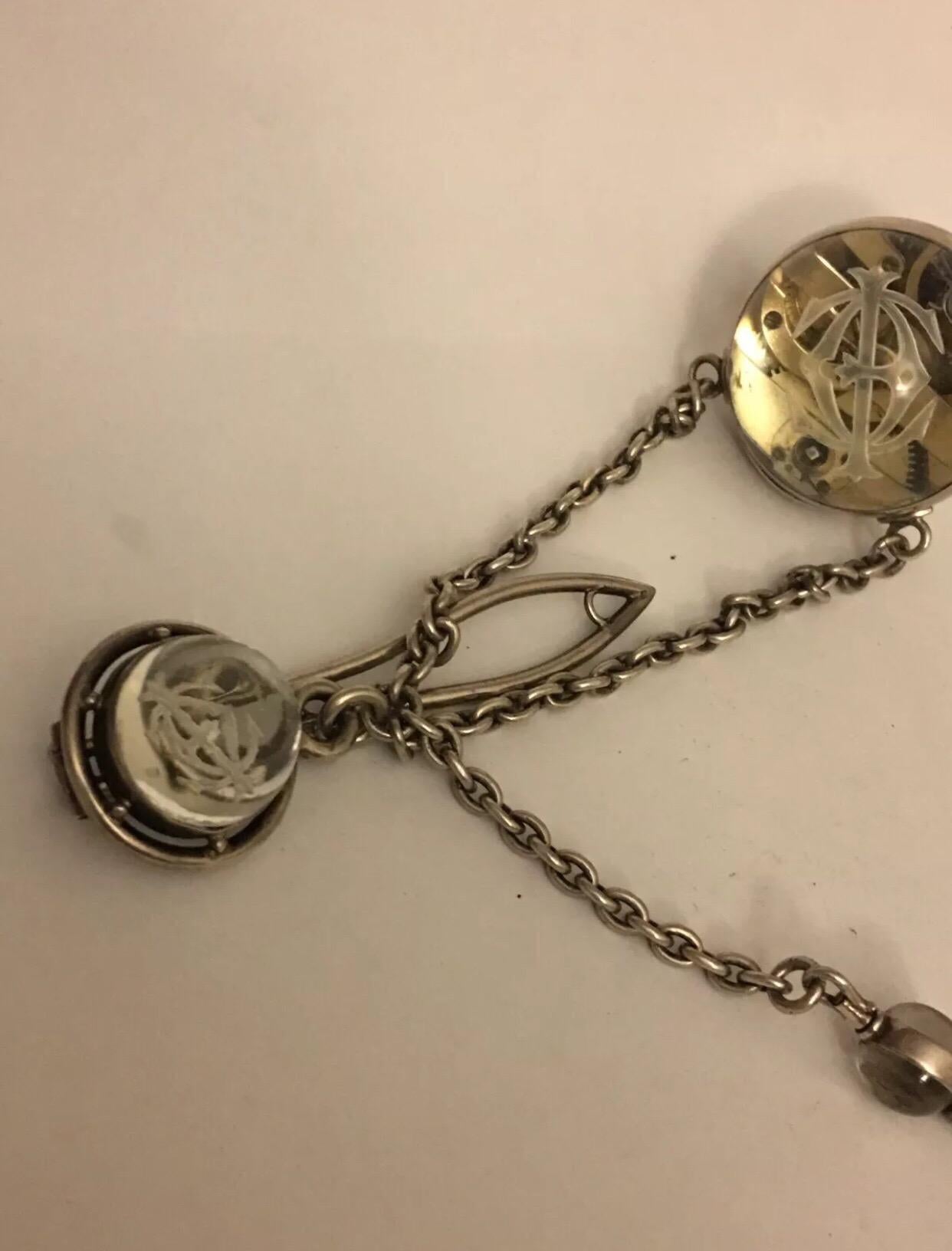 Women's or Men's Antique Silver Glass Ball Pocket Watch with Matching Silver Glass Chatelaine For Sale