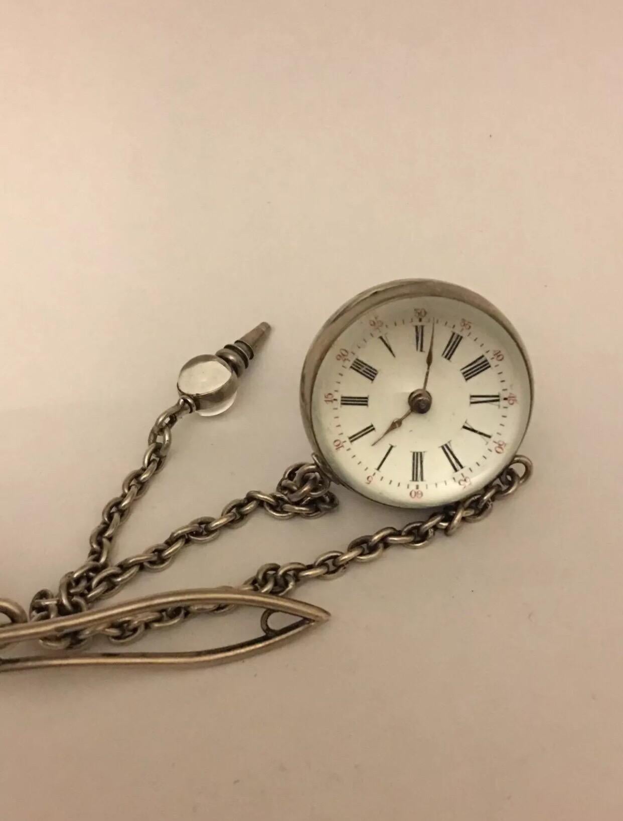 Antique Silver Glass Ball Pocket Watch with Matching Silver Glass Chatelaine For Sale 1