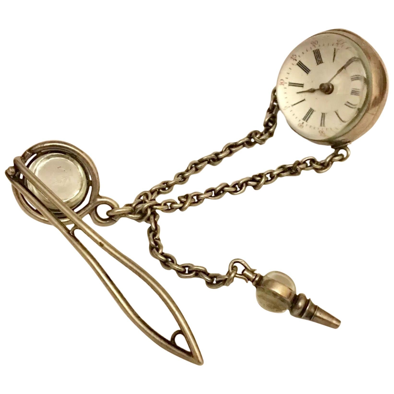 Antique Silver Glass Ball Pocket Watch with Matching Silver Glass Chatelaine For Sale