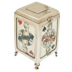 Scatola di carte da gioco antica in argento e vetro con custodia pop-up Sheff. Inghilterra 1904