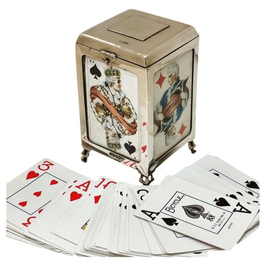 Antique Silver & Glass Playing Card Box Pop Up Case Holder Sheff. England 1904