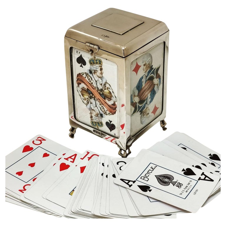 Antique Silver & Glass Playing Card Box Pop Up Case Holder Sheff. England 1904