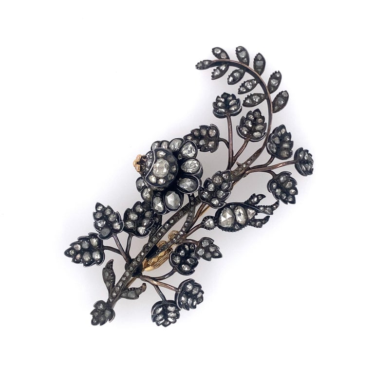 Georgian Dated 1750-1800 silver and gold rose-cut diamond brooch. Approx. 4 1/2 cts of diamonds. Very fine workmanship. 
Weight is ap 17.2 dwts,  Size is ap 3 .14 x 1.64 inches.