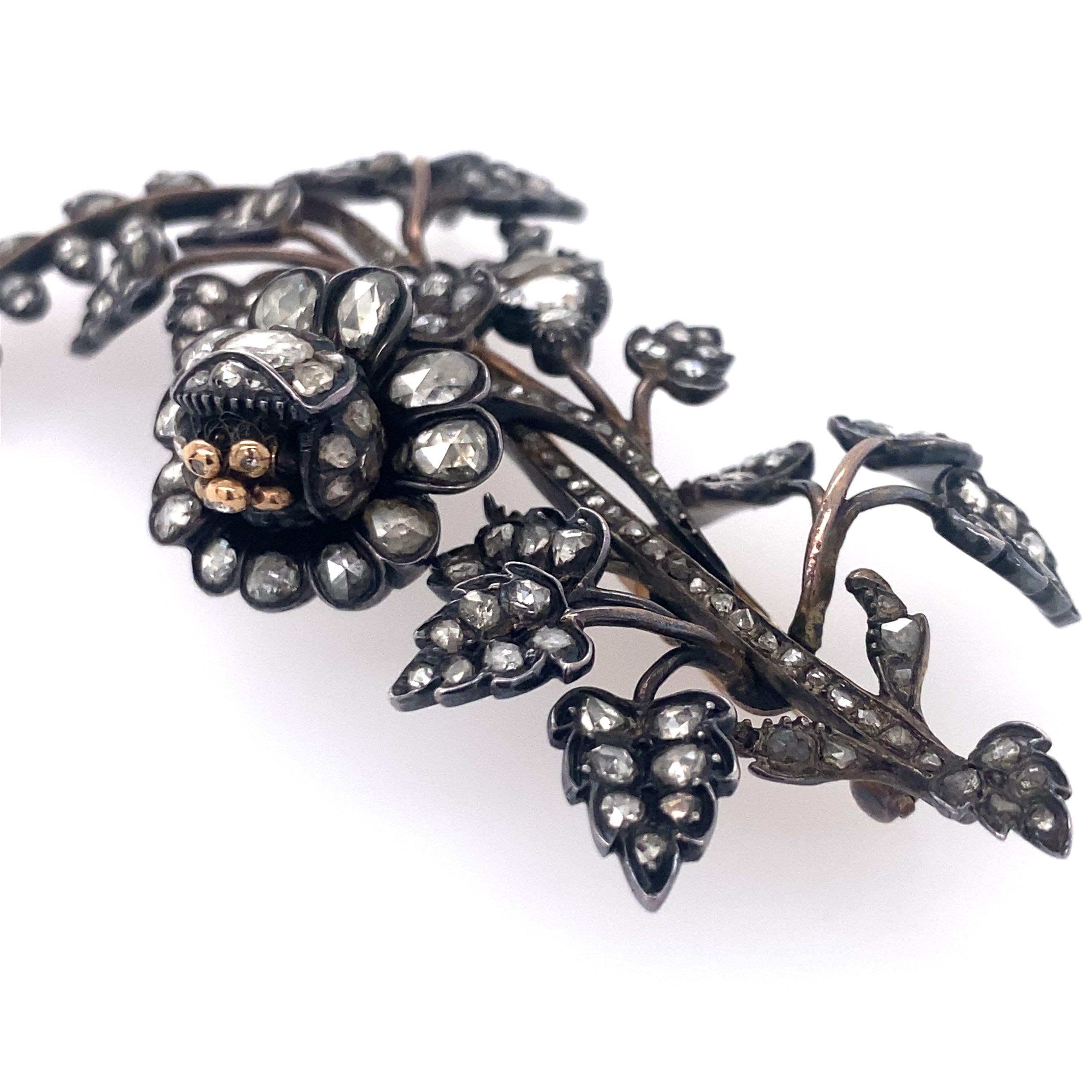 Rose Cut Antique Silver, Gold and Diamond Brooch For Sale