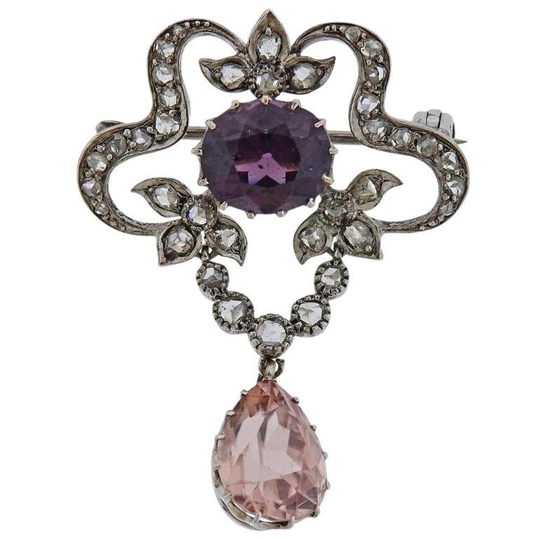 Antique Silver Gold Diamond Imperial Topaz Brooch For Sale at 1stdibs