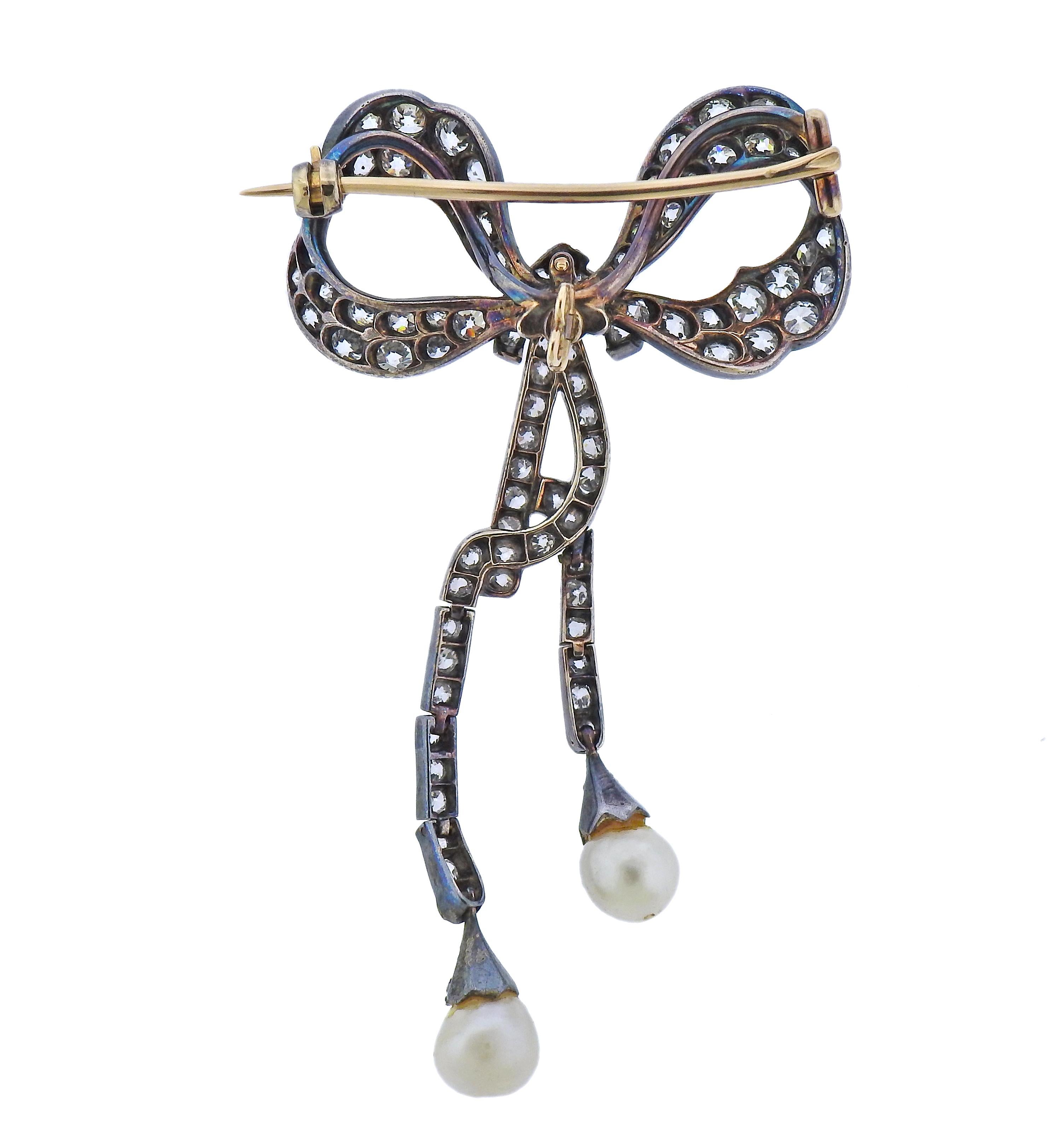 Old Mine Cut Antique Silver Gold Diamond Pearl Bow Brooch Pin