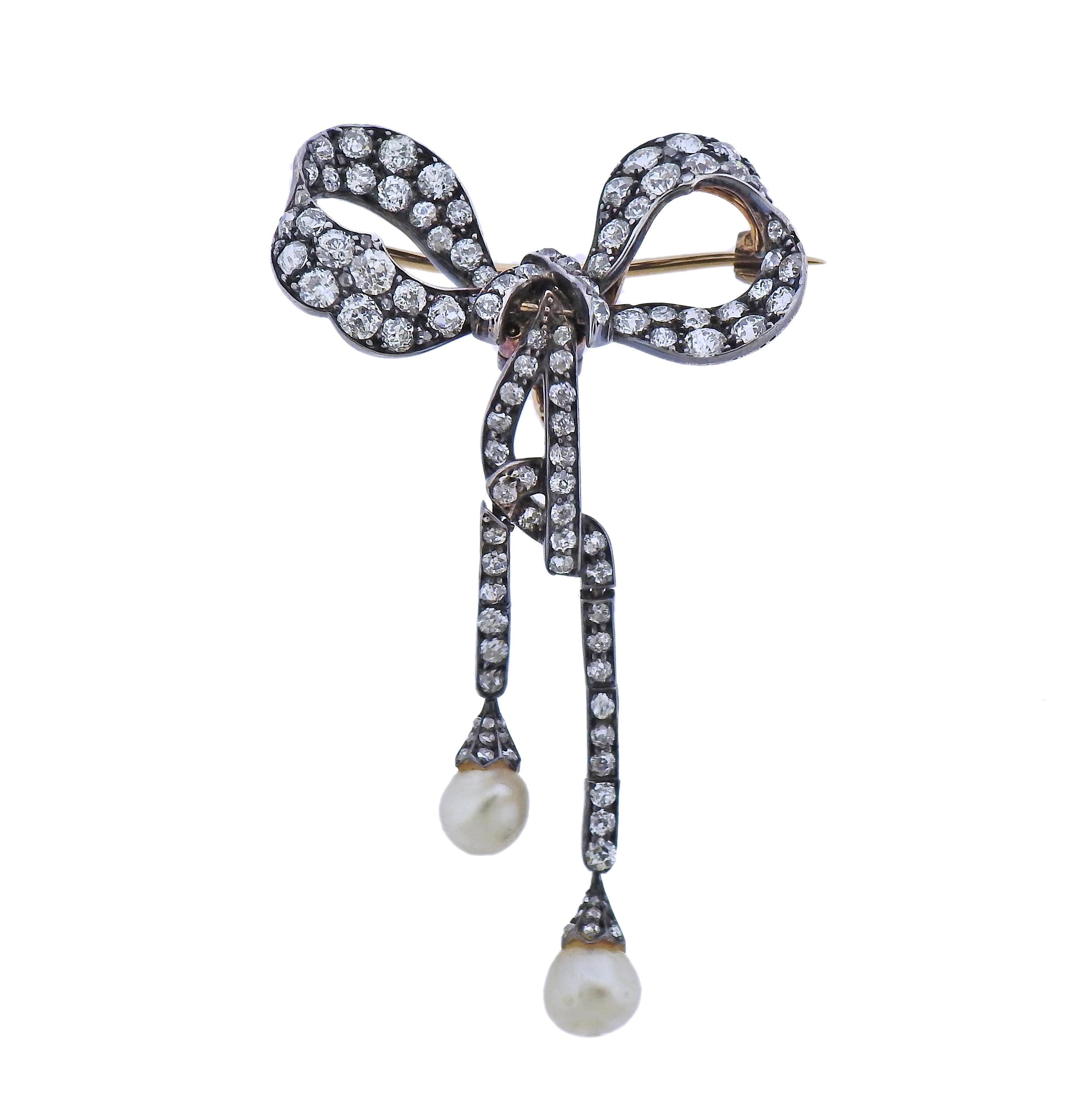Antique Silver Gold Diamond Pearl Bow Brooch Pin In Excellent Condition In New York, NY