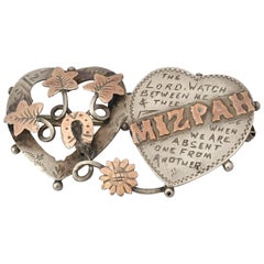 Antique Silver Gold Double heart Mizpah Brooch / Pin
