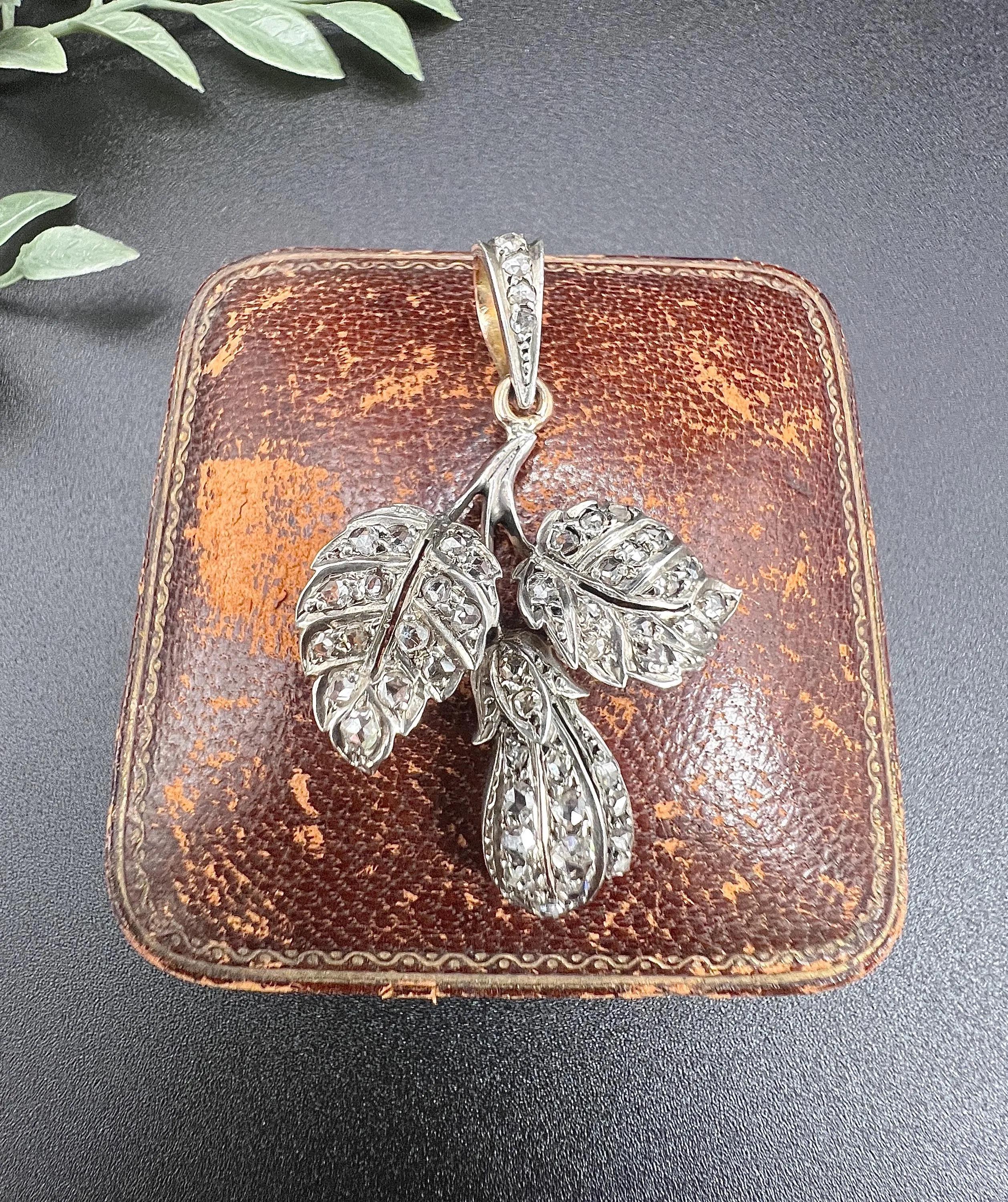 Antique Silver & Gold, Early Victorian Diamond Set Leaf Pendant For Sale 5