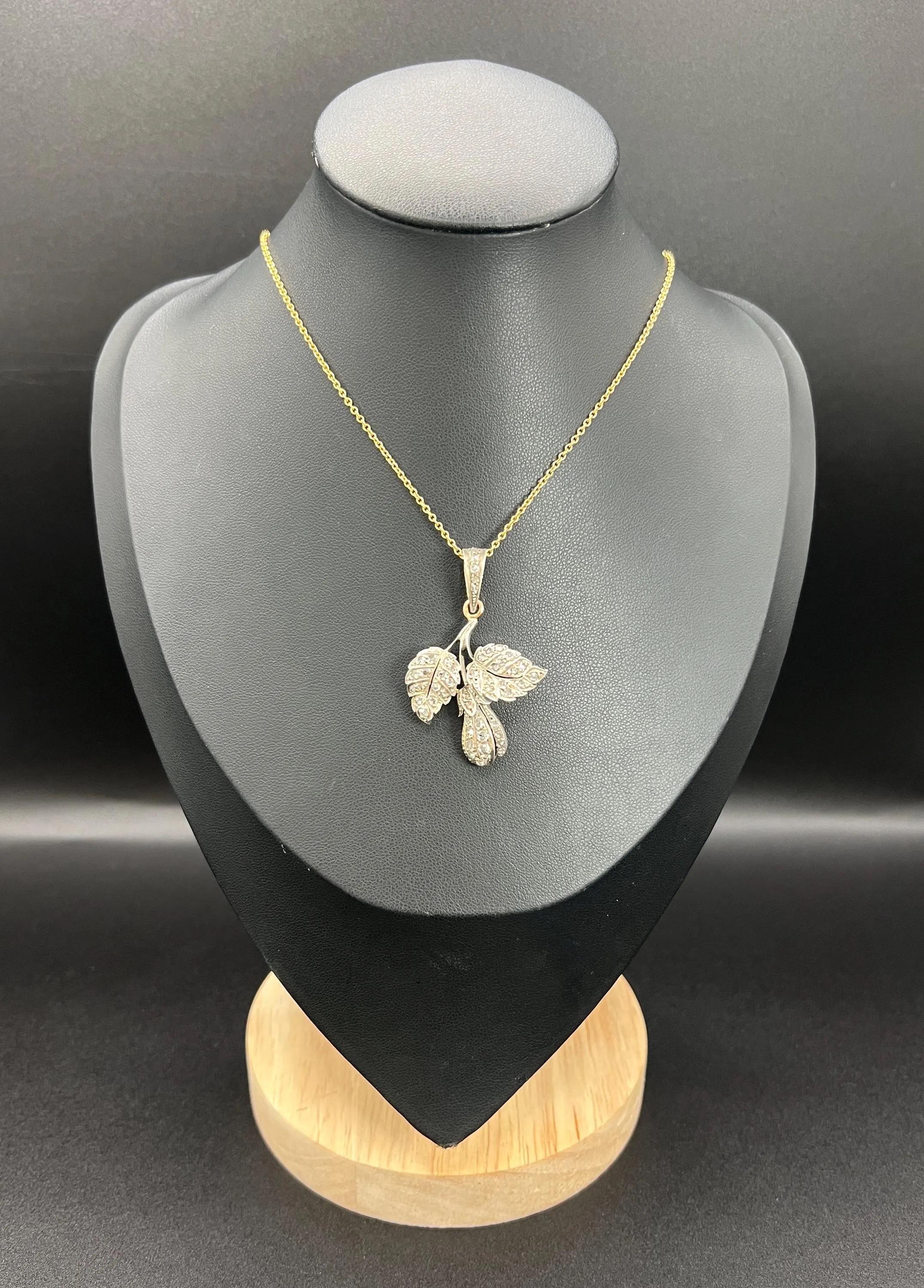 Antique Leaf Pendant

Silevr & Gold Tested

Circa 1860

*THE CHAIN IS SOLD SEPARATELY

This exquisite early Victorian pendant showcases a stunning leaf design elegantly adorned with natural diamonds throughout. The sparkling stones are meticulously
