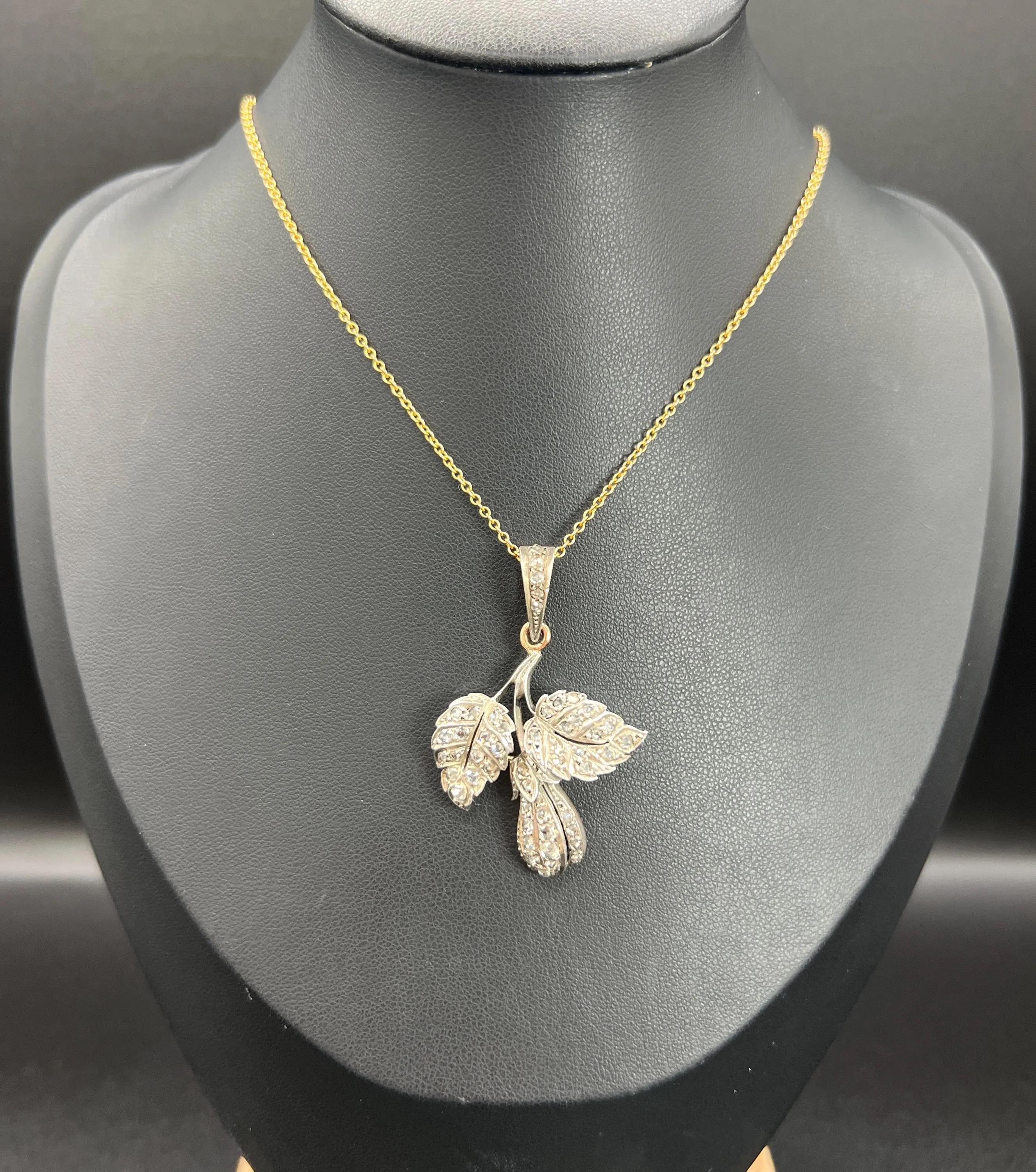 Rose Cut Antique Silver & Gold, Early Victorian Diamond Set Leaf Pendant For Sale