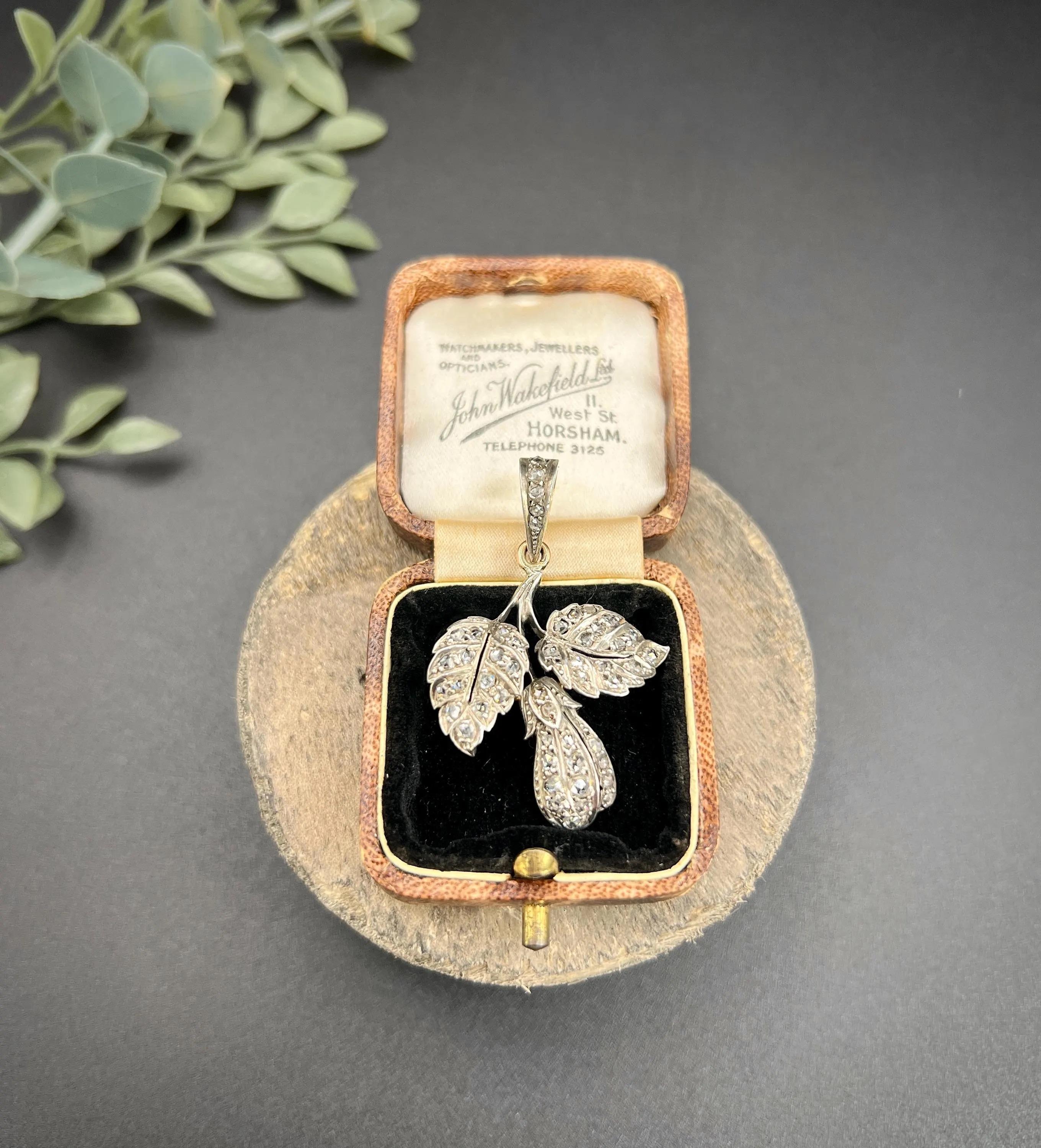 Women's or Men's Antique Silver & Gold, Early Victorian Diamond Set Leaf Pendant For Sale