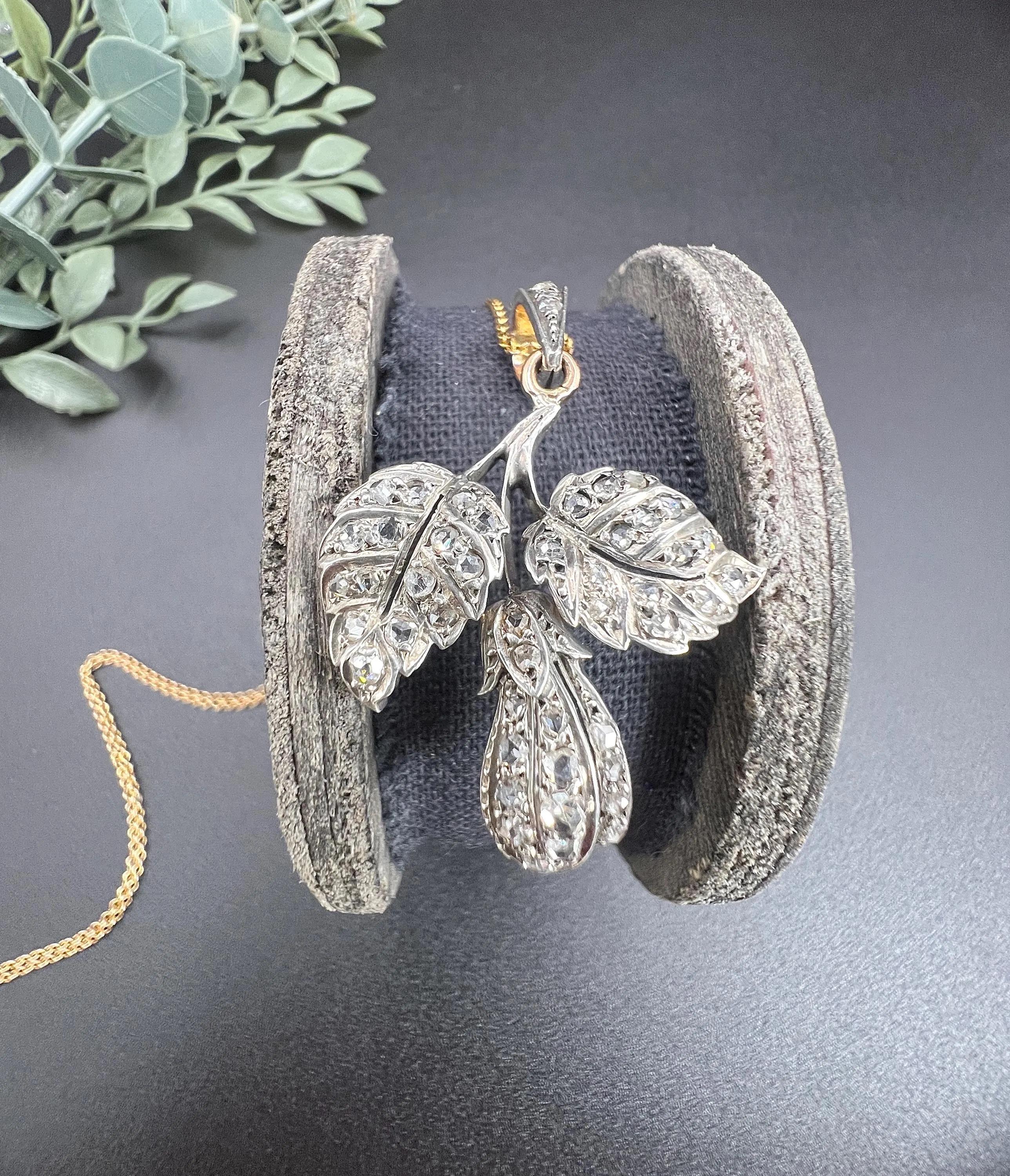 Antique Silver & Gold, Early Victorian Diamond Set Leaf Pendant For Sale 1