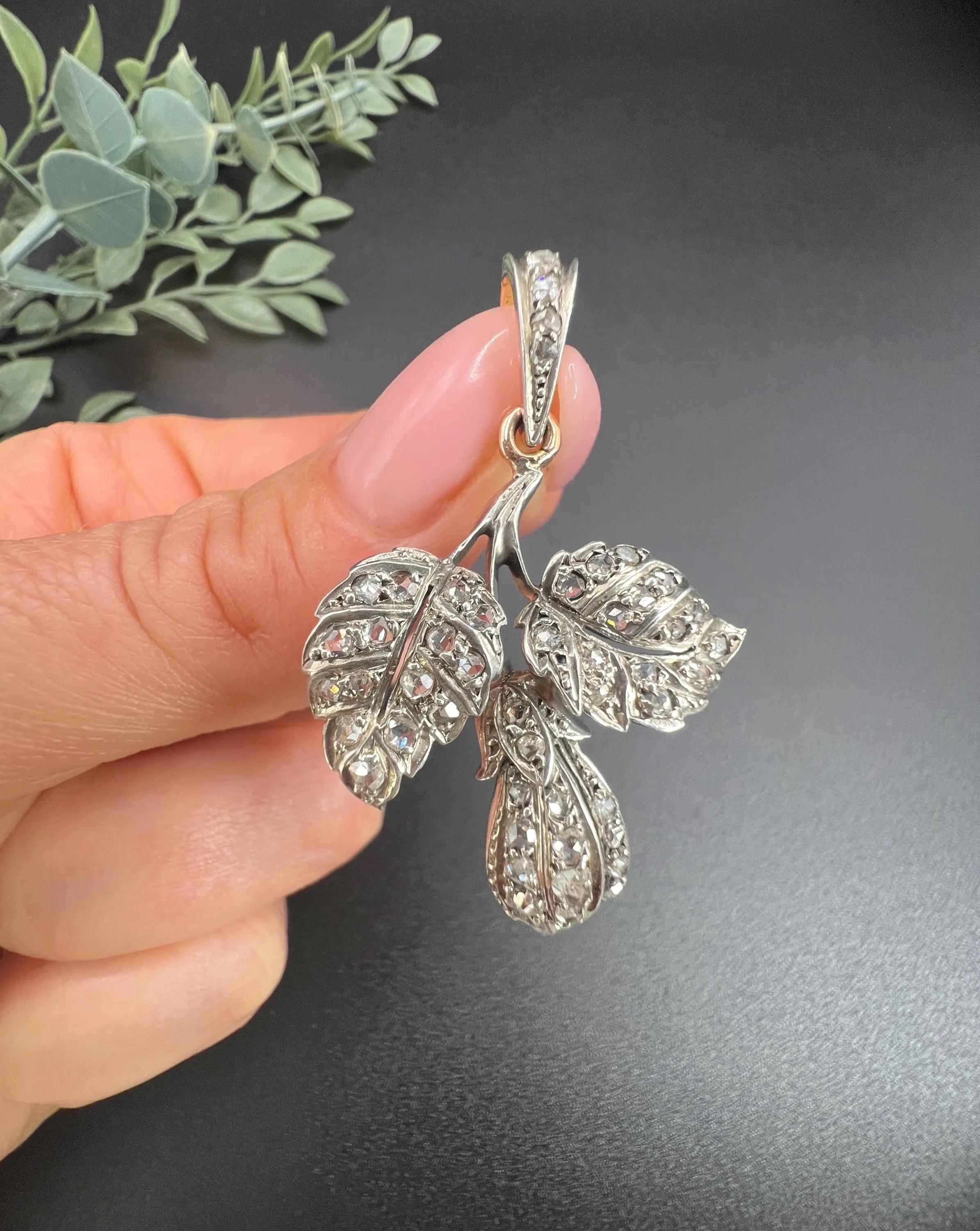 Antique Silver & Gold, Early Victorian Diamond Set Leaf Pendant For Sale 3