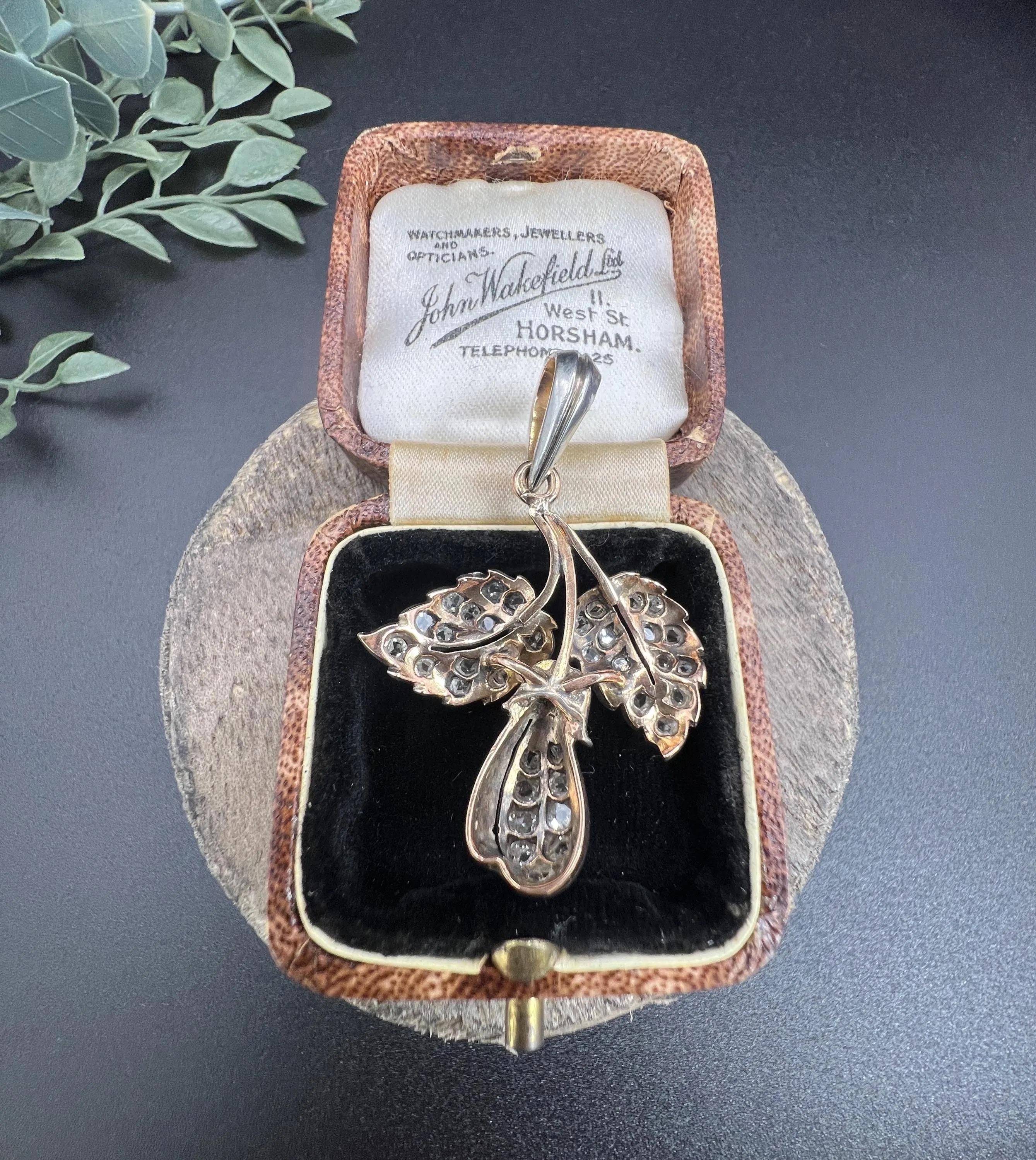 Antique Silver & Gold, Early Victorian Diamond Set Leaf Pendant For Sale 4
