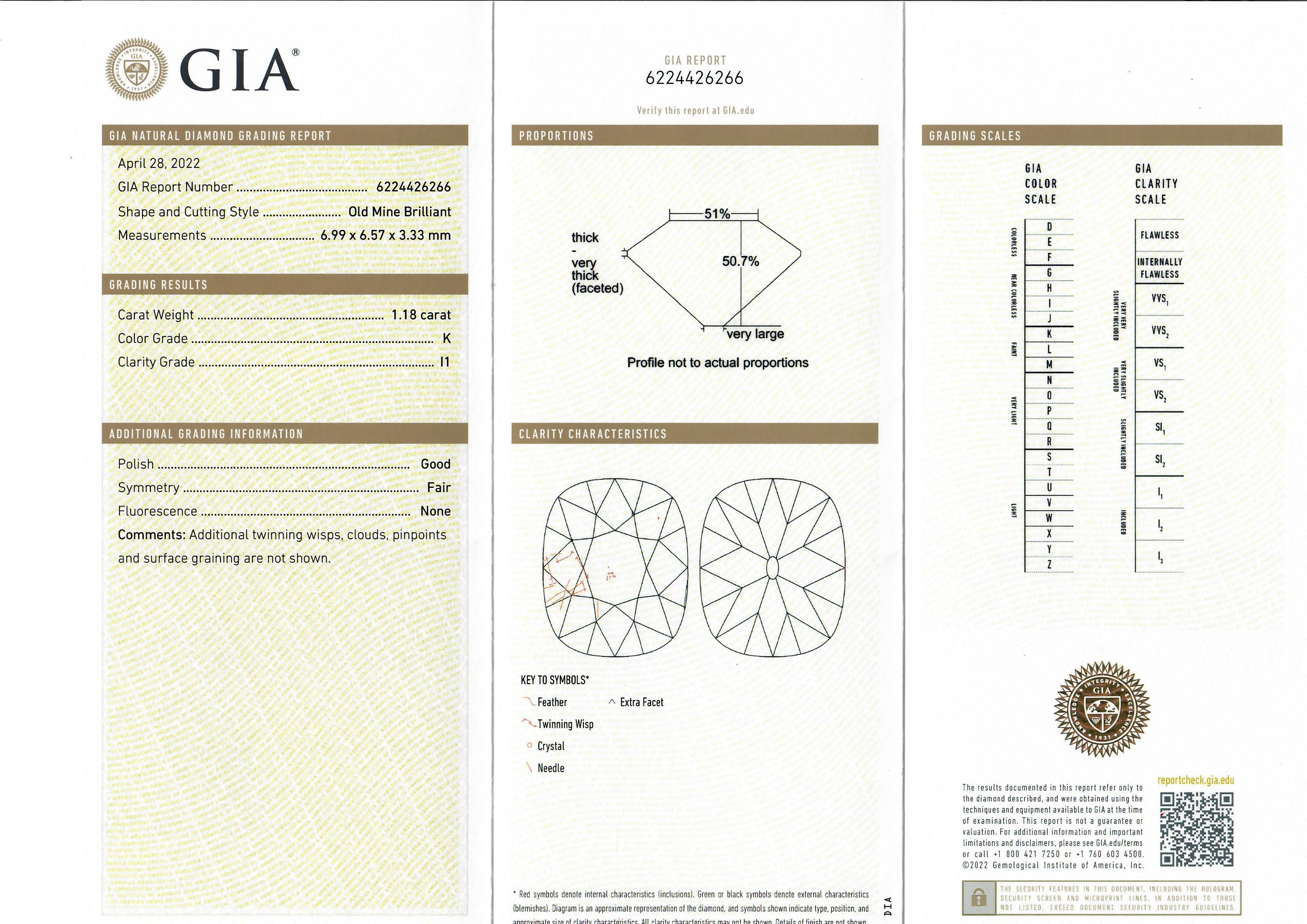 Plata Antigua Oro GIA 1.18ct Diamante de Mina Antigua Solitario Anillo Grabado Flotante en Bueno estado para la venta en Montclair, NJ