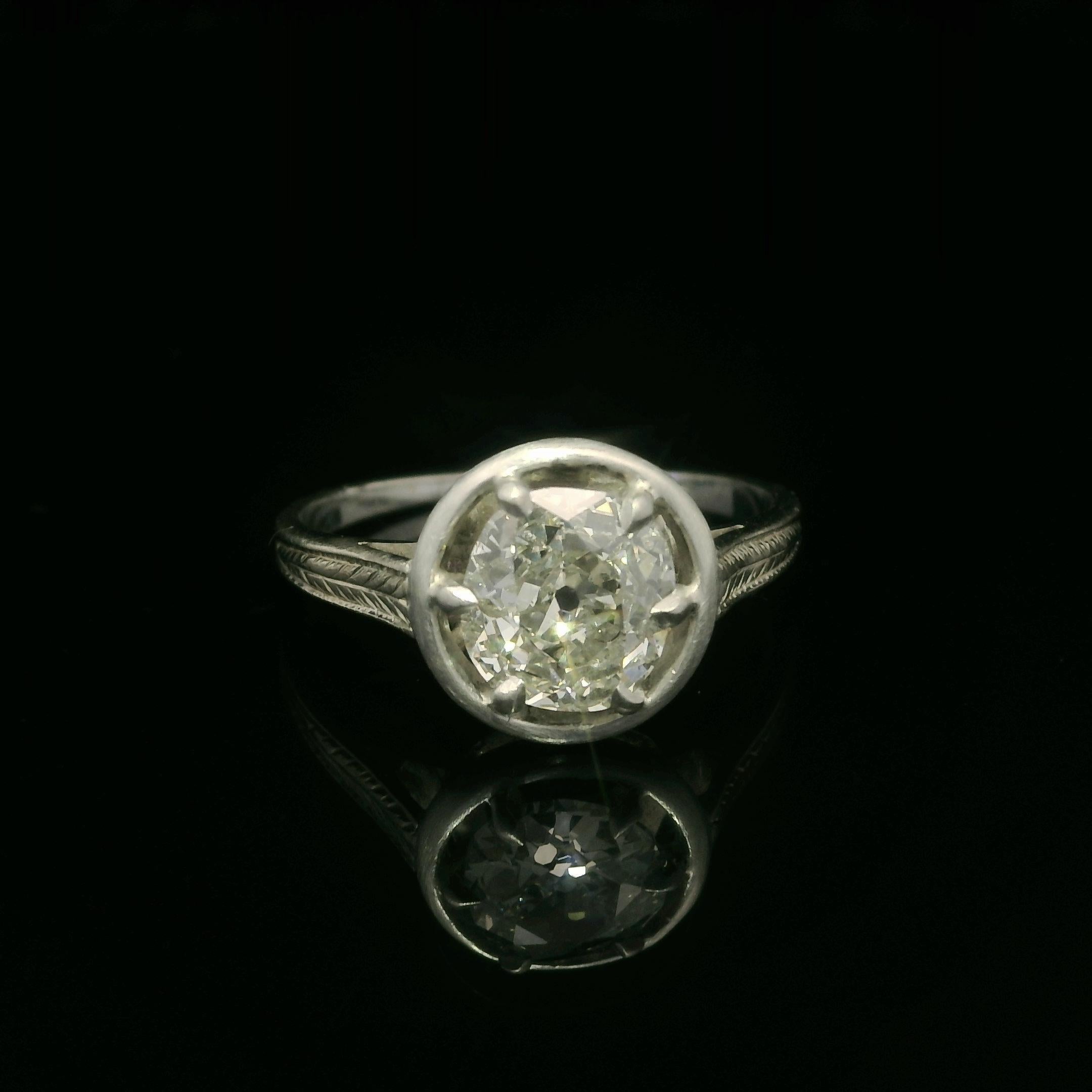 De las mujeres Plata Antigua Oro GIA 1.18ct Diamante de Mina Antigua Solitario Anillo Grabado Flotante en venta