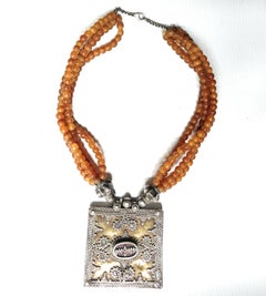 Antique Silver gold gilt Central Asian Amber bead Necklace