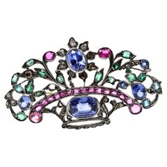 Spilla antica in argento e oro con più pietre preziose