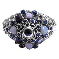Retro Silver Gold-Plated, Sapphire and Opal Ladies Ring