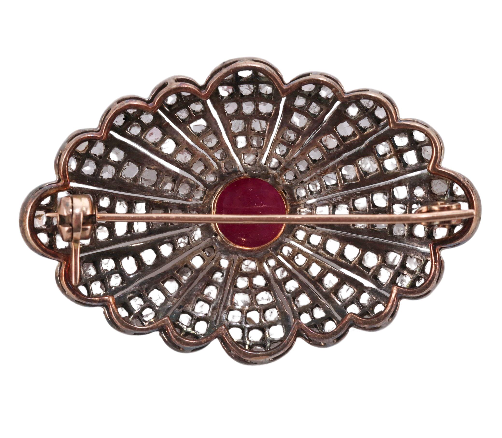 Antique Silver Gold Rose Cut Diamond Ruby Brooch In Excellent Condition For Sale In New York, NY
