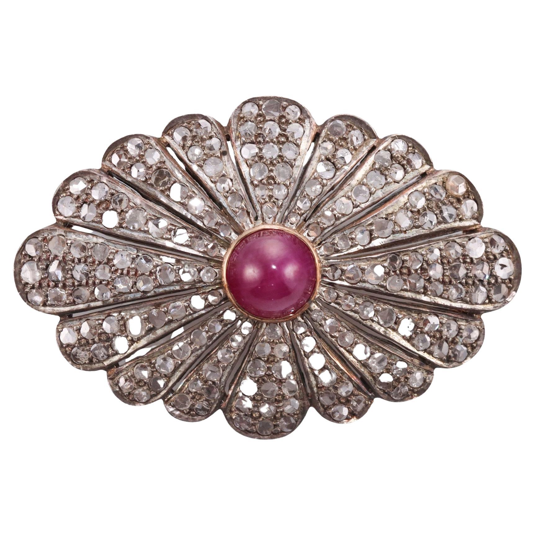 Antique Silver Gold Rose Cut Diamond Ruby Brooch For Sale