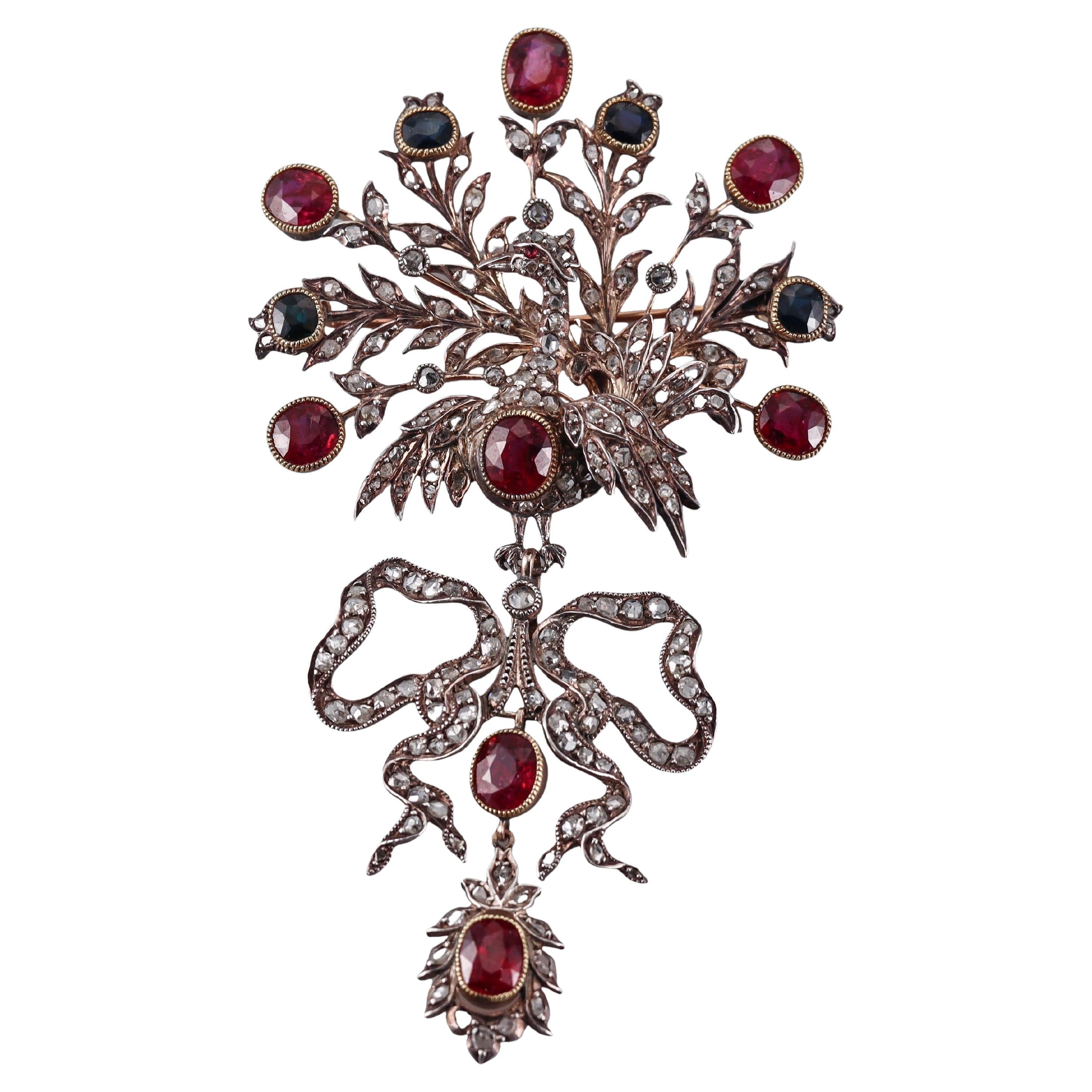 Antique Silver Gold Ruby Sapphire Diamond Peacock Brooch