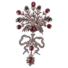 Antique Silver Gold Ruby Sapphire Diamond Peacock Brooch