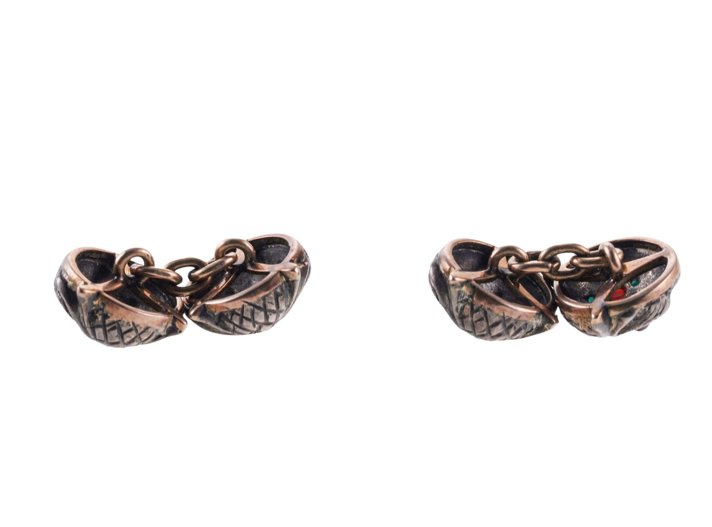 Antique Silver Gold Turquoise Garnet Owl Cufflinks In Excellent Condition For Sale In New York, NY