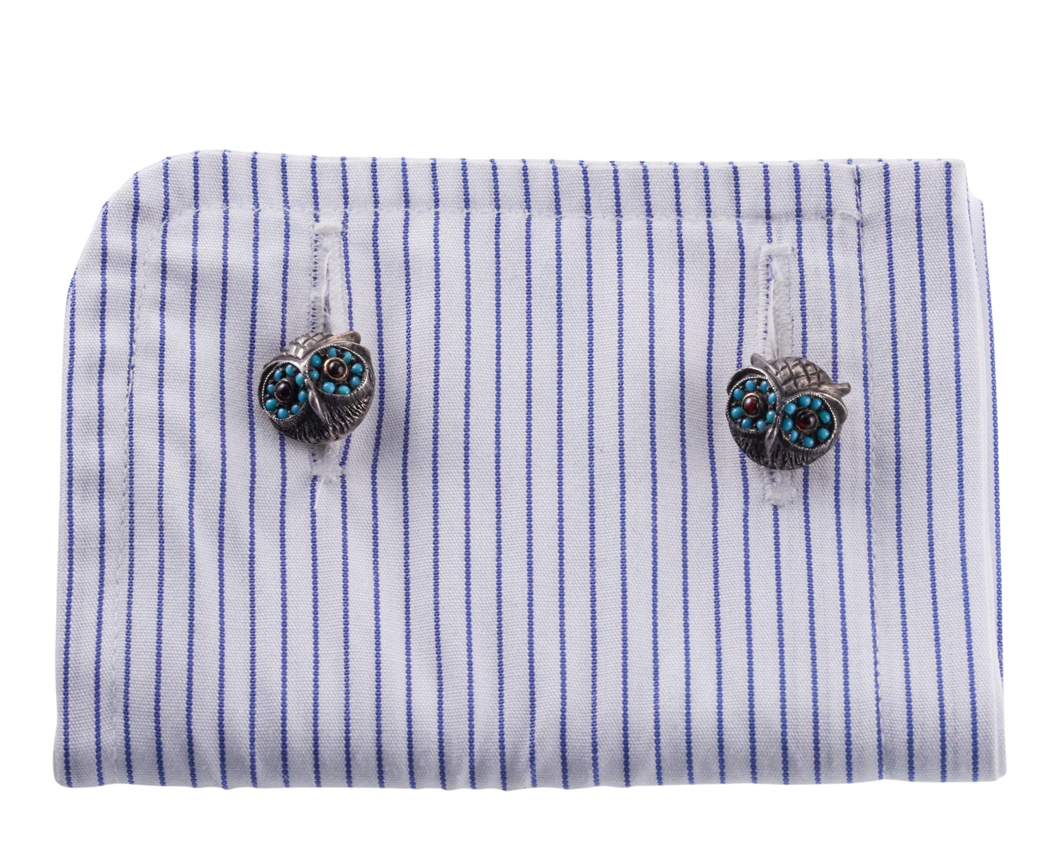 Antique Silver Gold Turquoise Garnet Owl Cufflinks For Sale 1