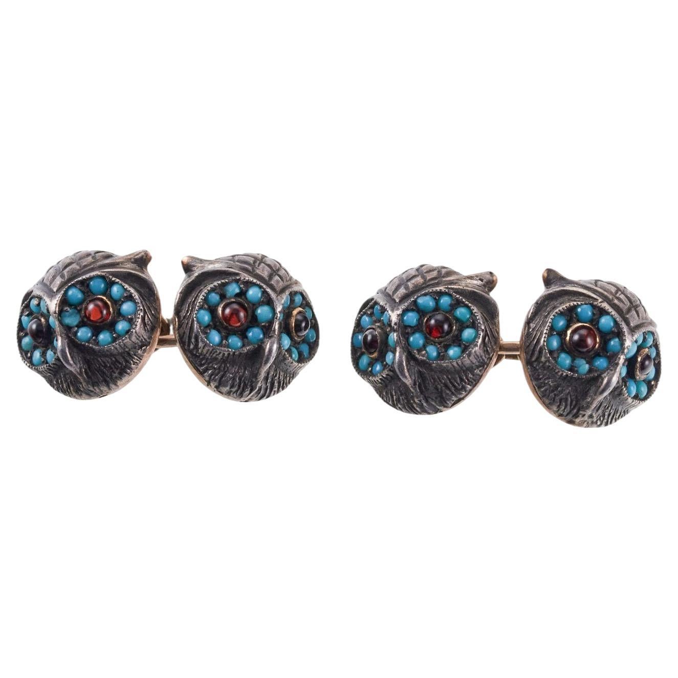 Antique Silver Gold Turquoise Garnet Owl Cufflinks For Sale