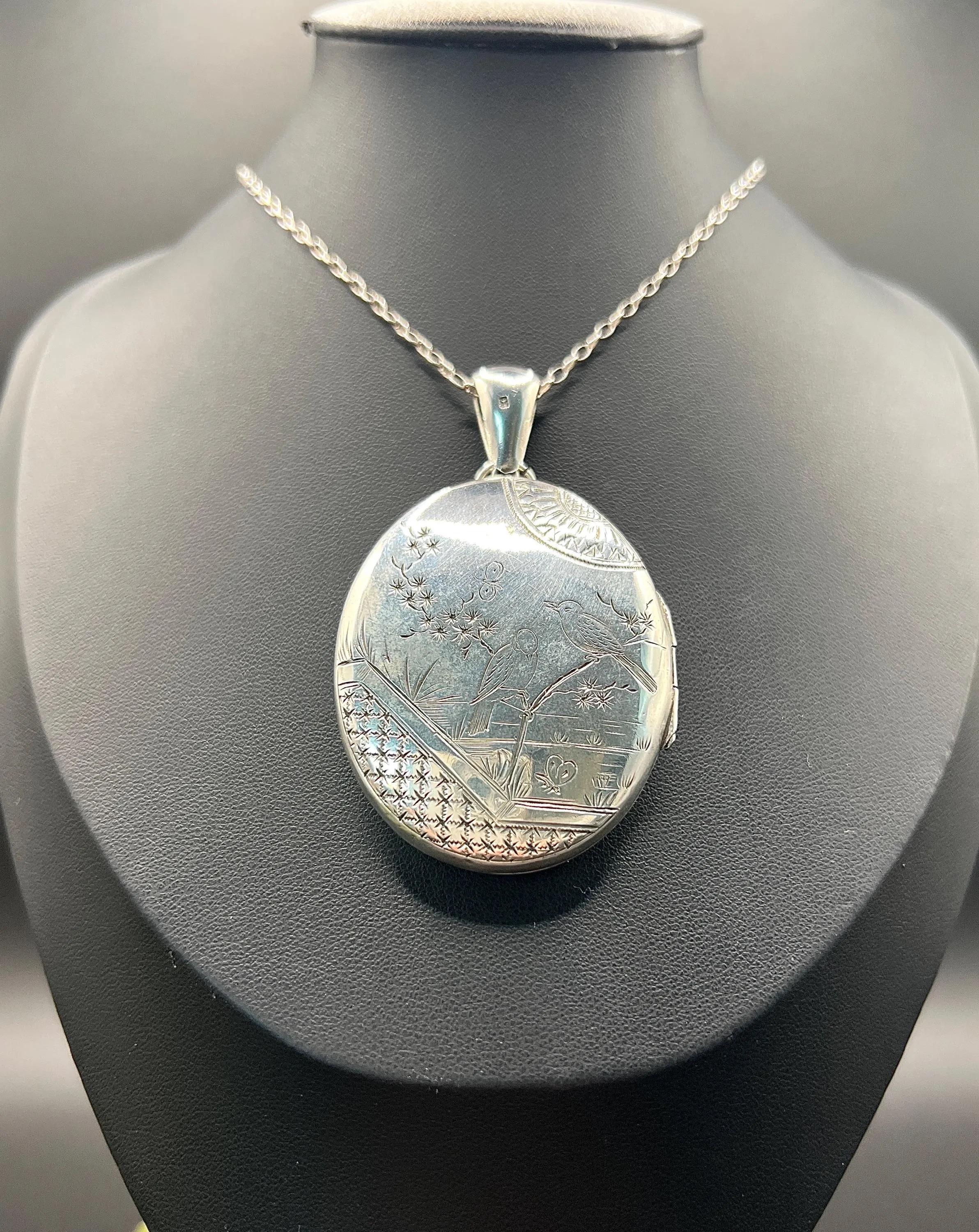 Women's or Men's Antique Silver Hallmarked 1910, Edwardian Large Oval Engraved Scenic Bird Locket For Sale