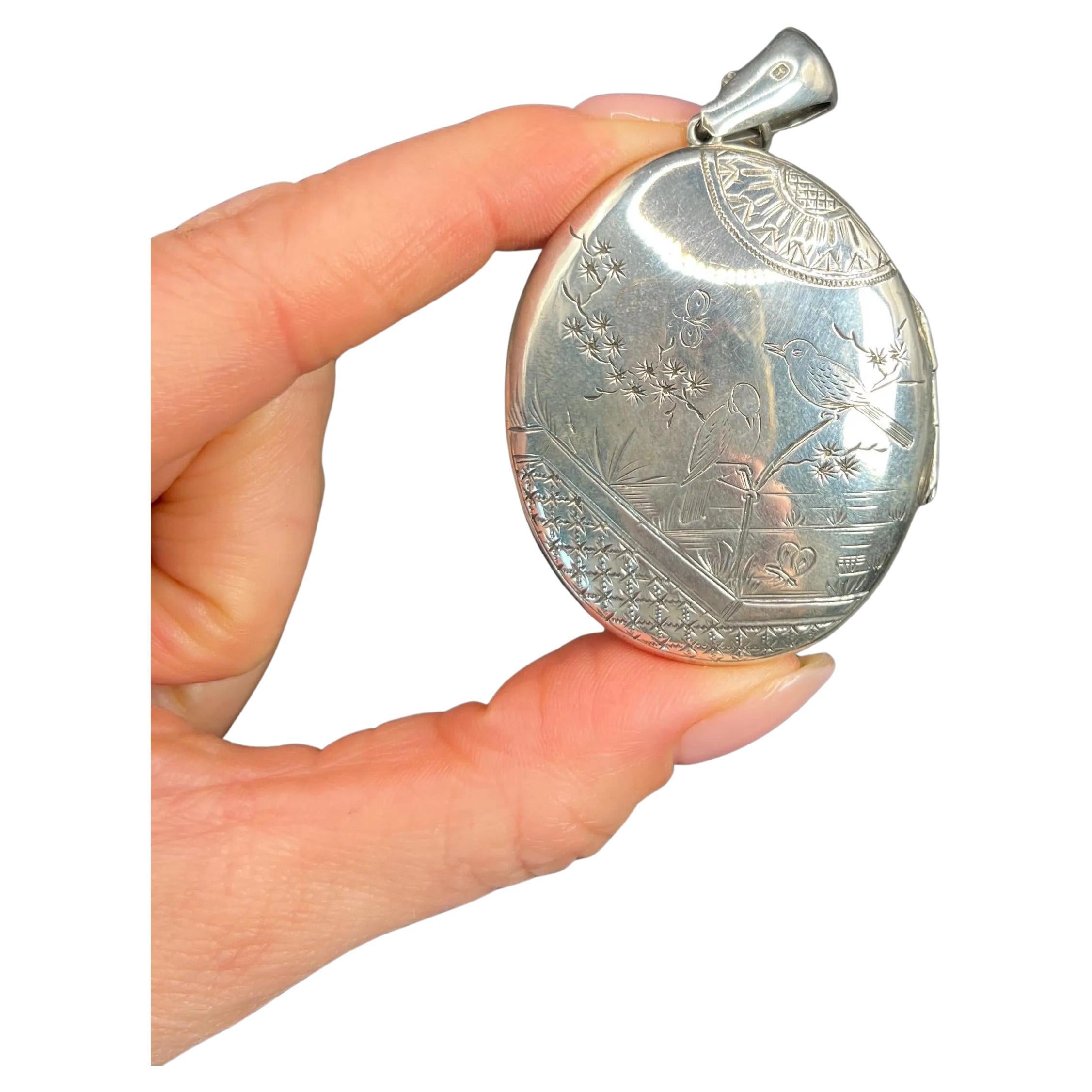 Antique Silver Hallmarked 1910, Edwardian Large Oval Engraved Scenic Bird Locket For Sale