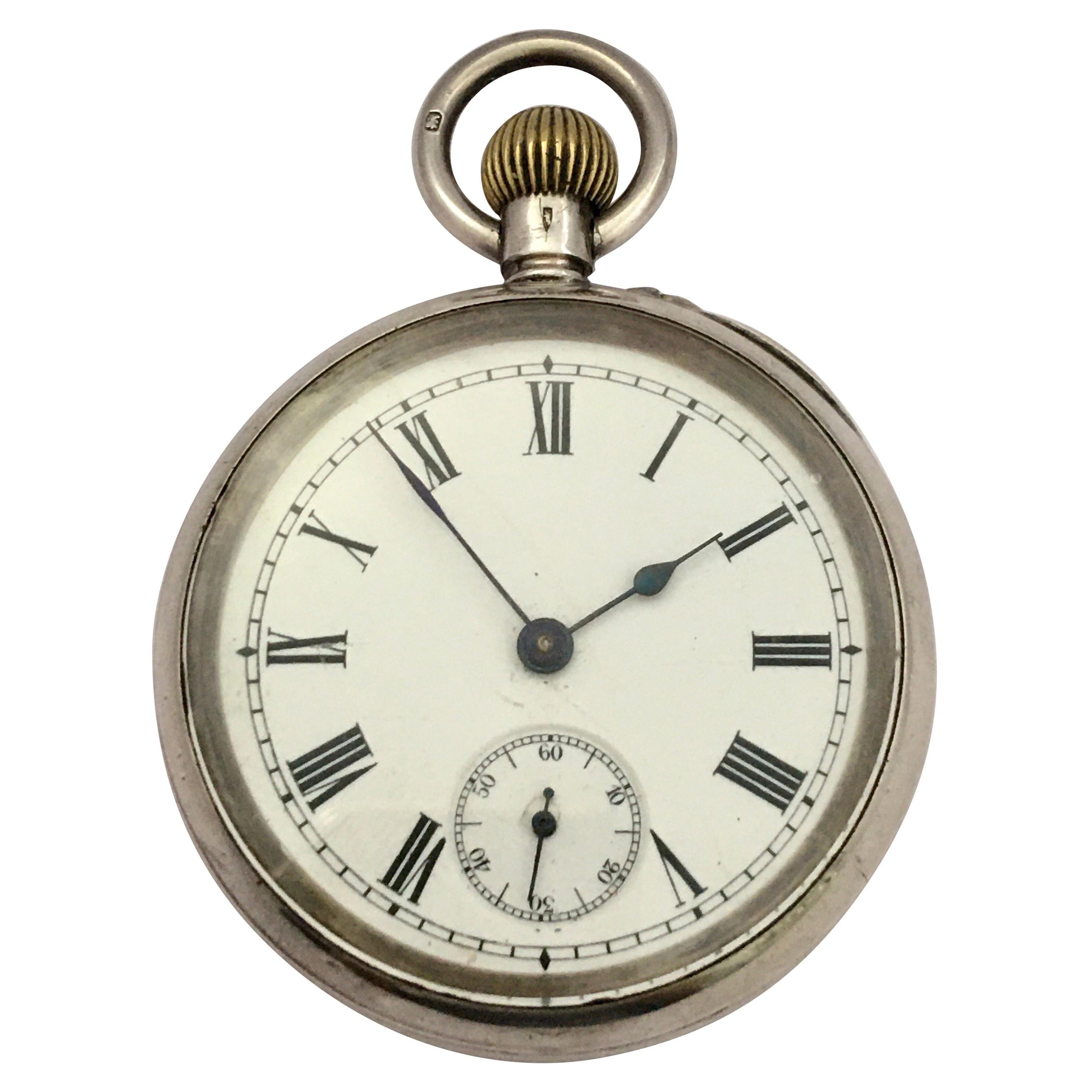 Antique Silver Hand Winding Pin Setting Pocket Watch For Sale