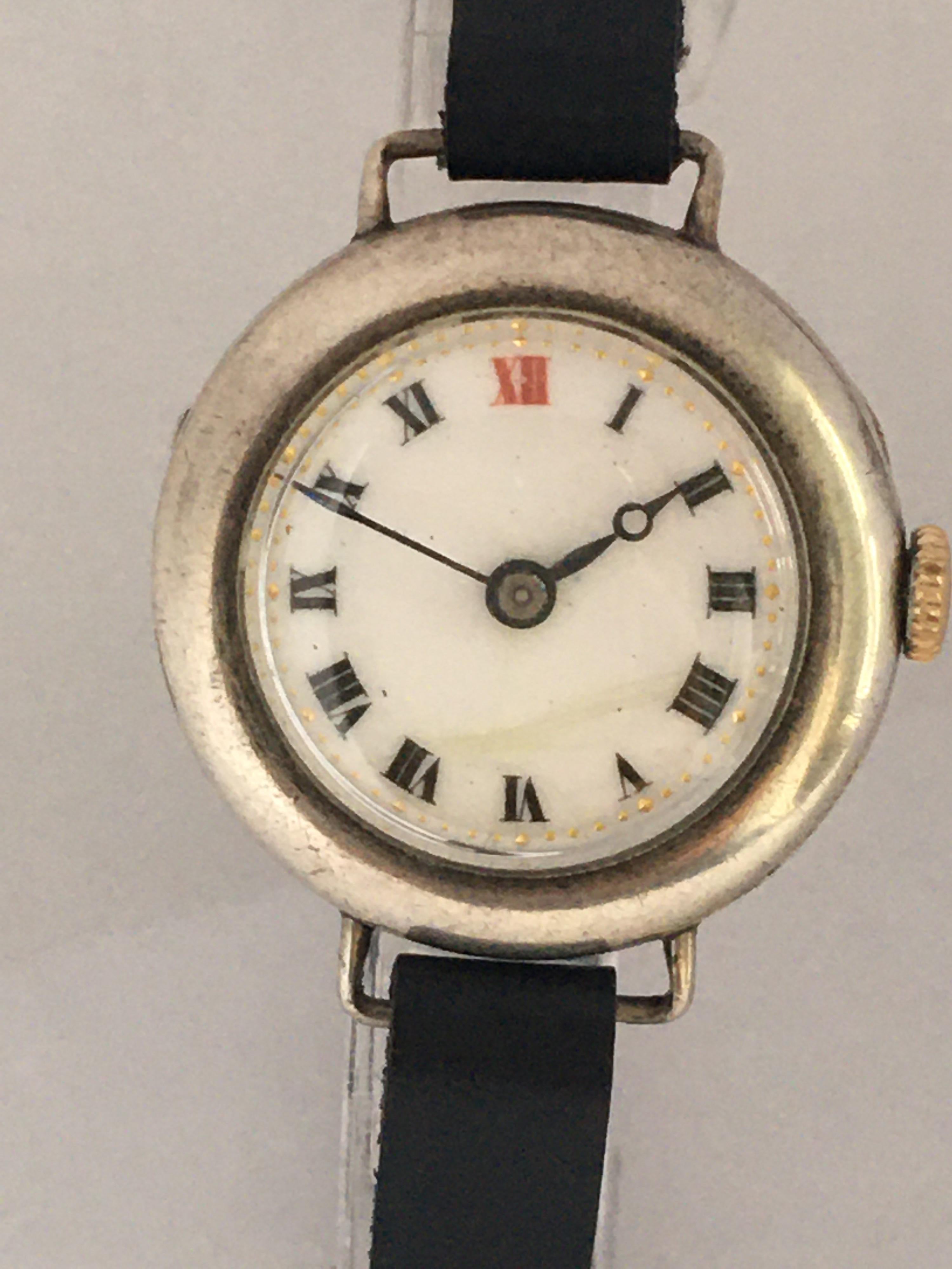 This beautiful pre-owned antique silver trench watch is in good working condition and it is ticking well. It is recently been serviced. Visible signs of ageing and wear with tiny and light dents and scratches on the case as shown. A small crack