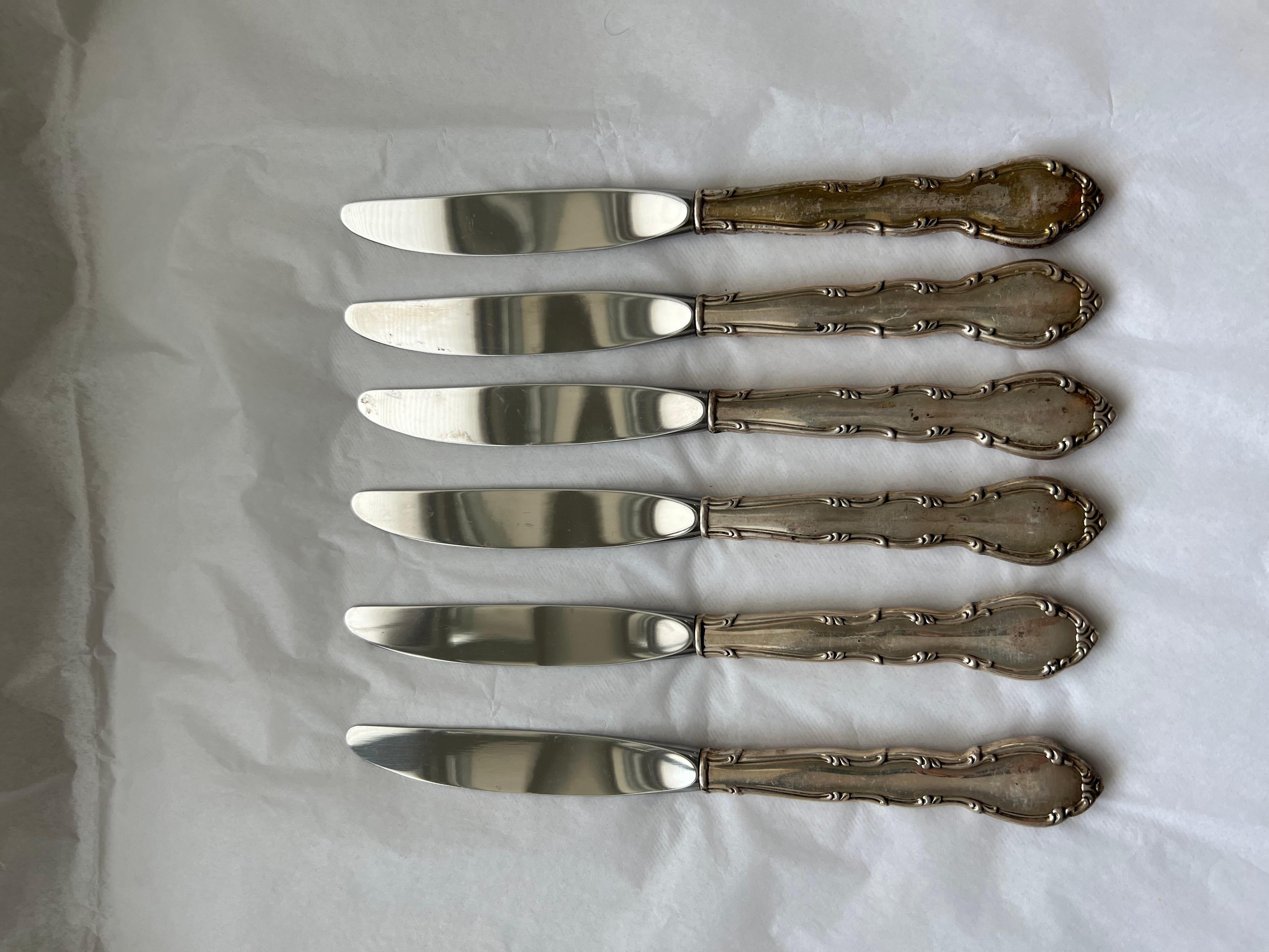 Antique Silver Handle Table Knives Set Steel Blades Galt Vintage Estate Classic In Fair Condition For Sale In Oakton, VA