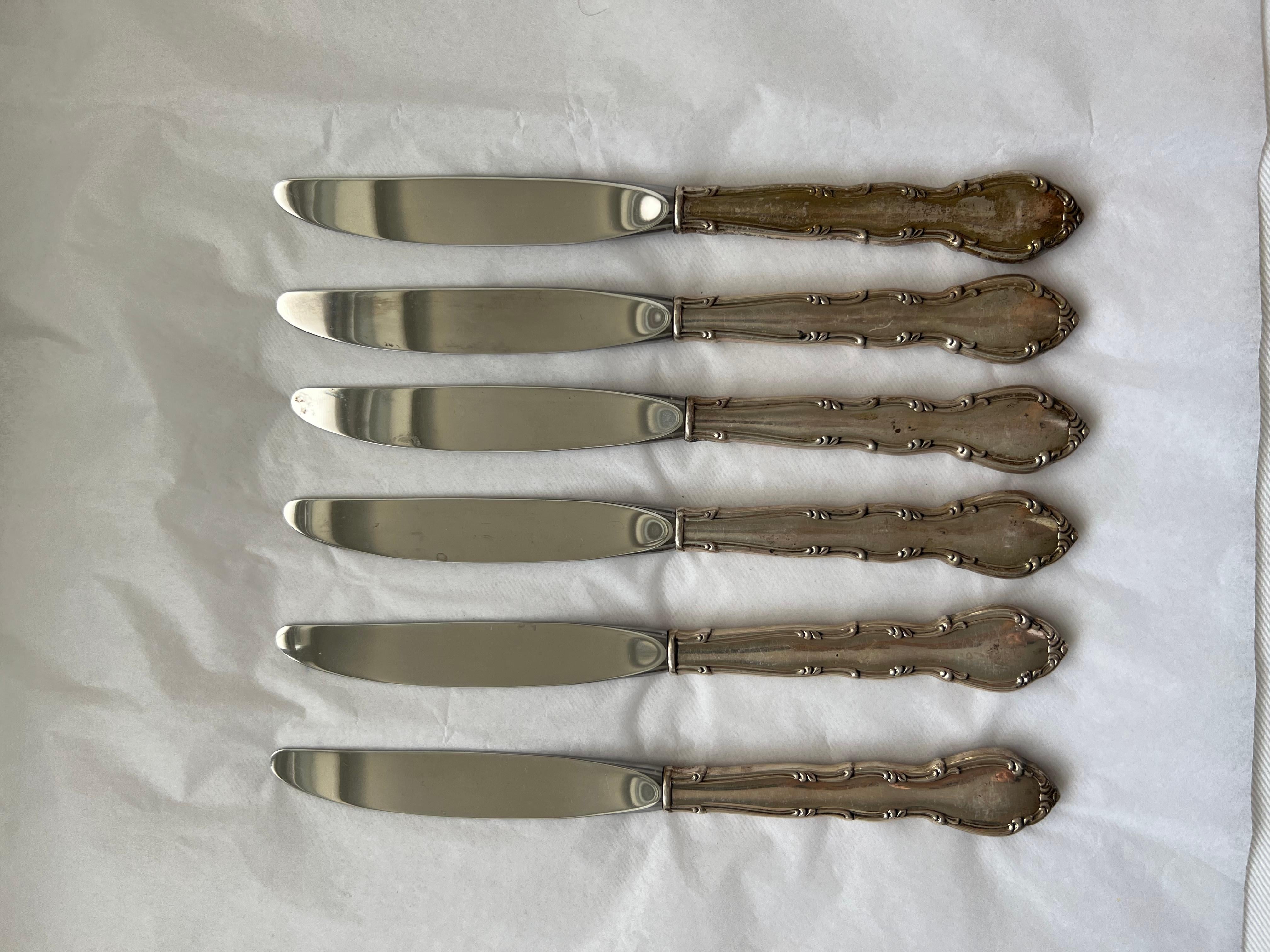 Antique Silver Handle Table Knives Set Steel Blades Galt Vintage Estate Classic For Sale 2