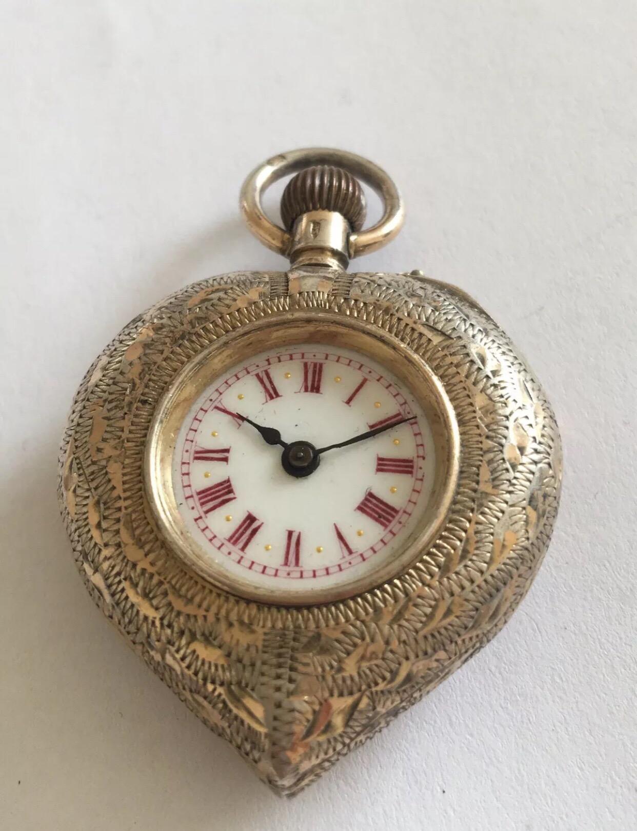 Antique Silver Heart Shaped Case Fob Watch In Good Condition In Carlisle, GB