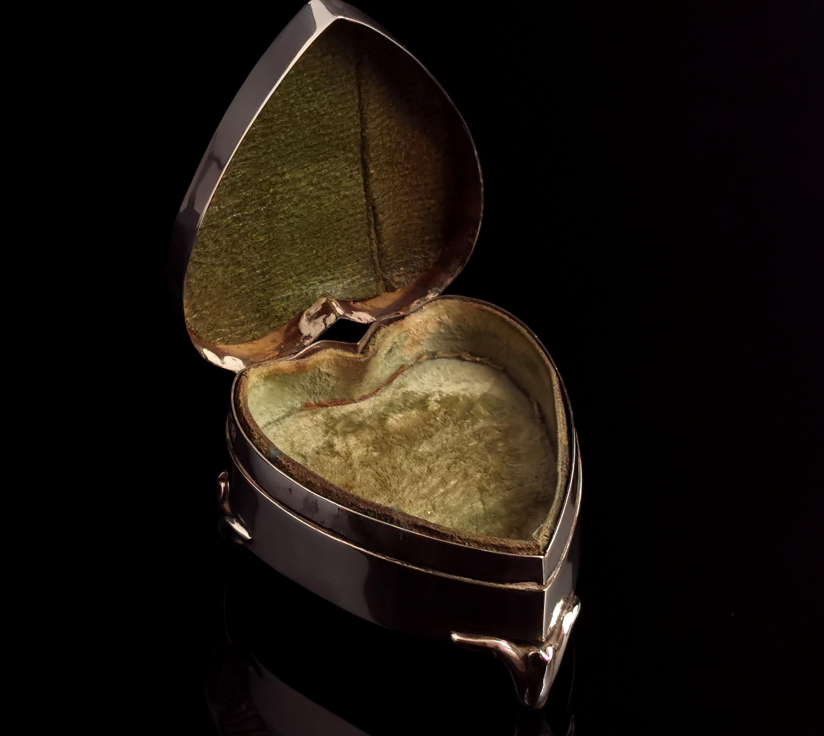 Women's or Men's Antique Silver Heart Shaped Jewellery Box, Art Nouveau 