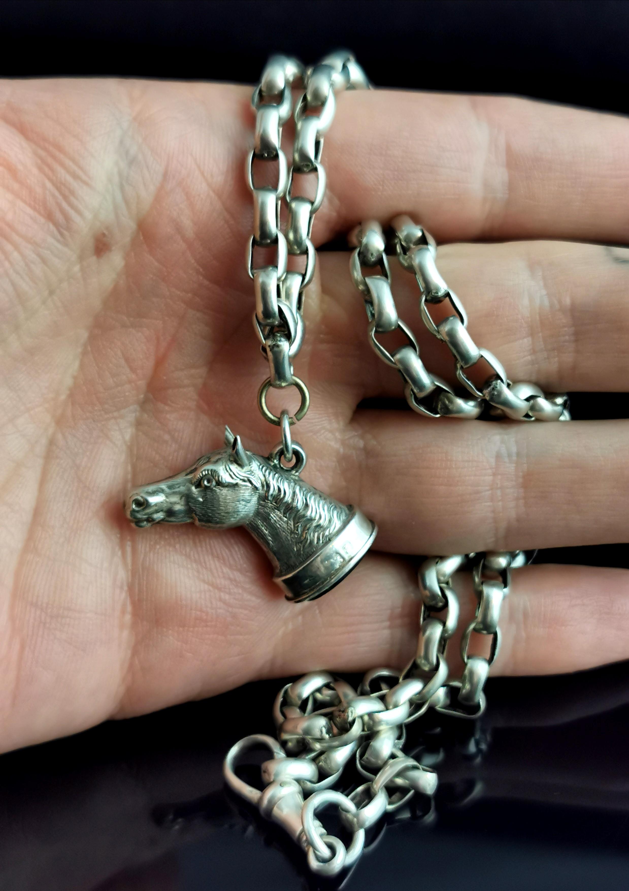 Antique Silver Horse Seal Fob Pendant, Rolo Link Long Chain Necklace, Bloodstone 6