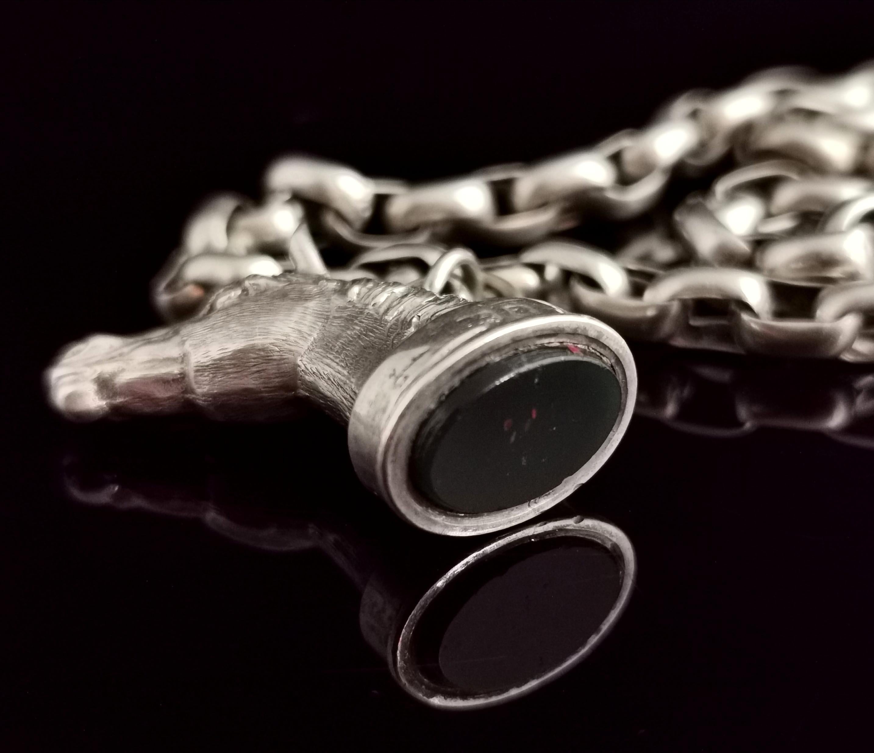 Antique Silver Horse Seal Fob Pendant, Rolo Link Long Chain Necklace, Bloodstone 7