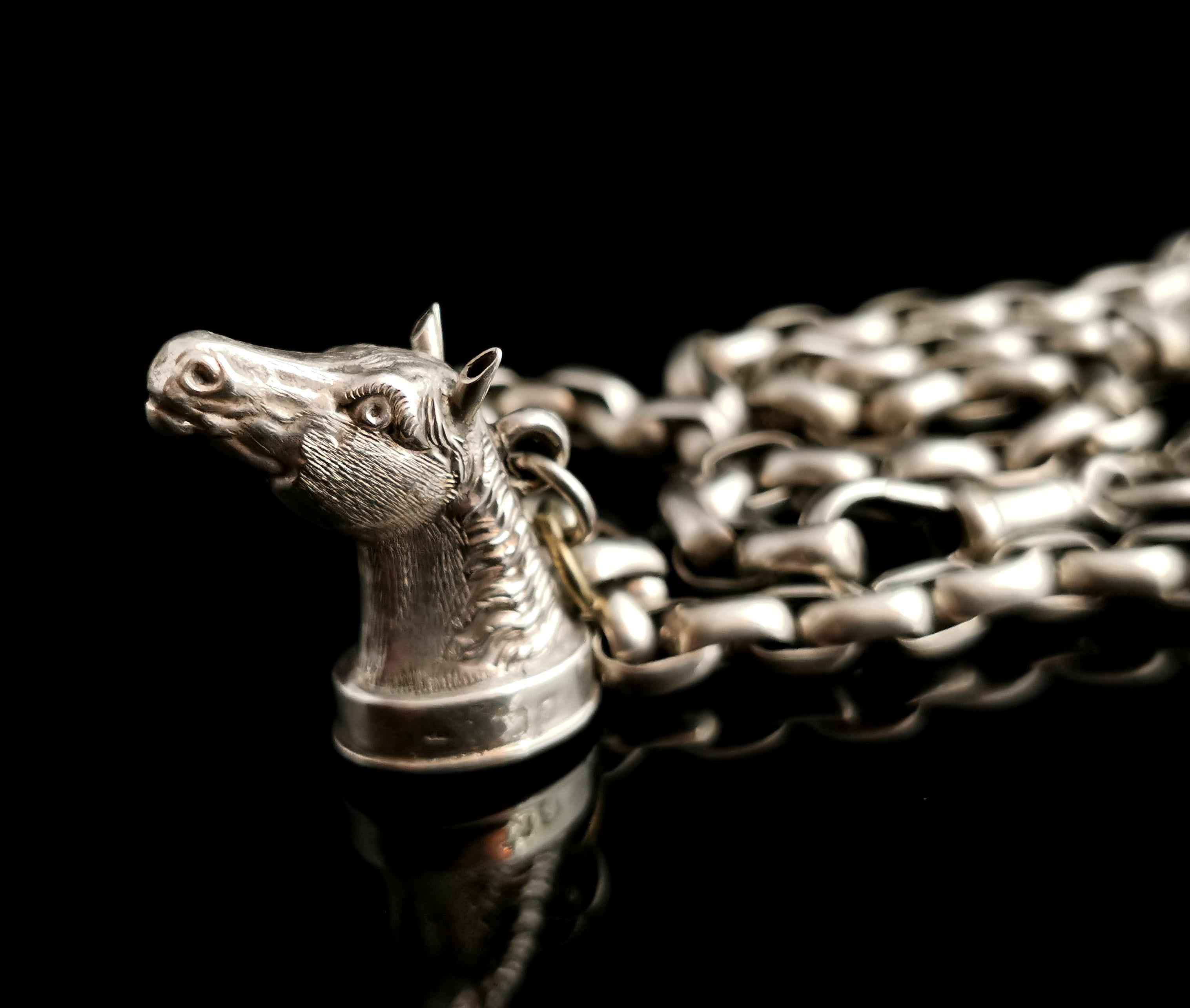 Antique Silver Horse Seal Fob Pendant, Rolo Link Long Chain Necklace, Bloodstone 8